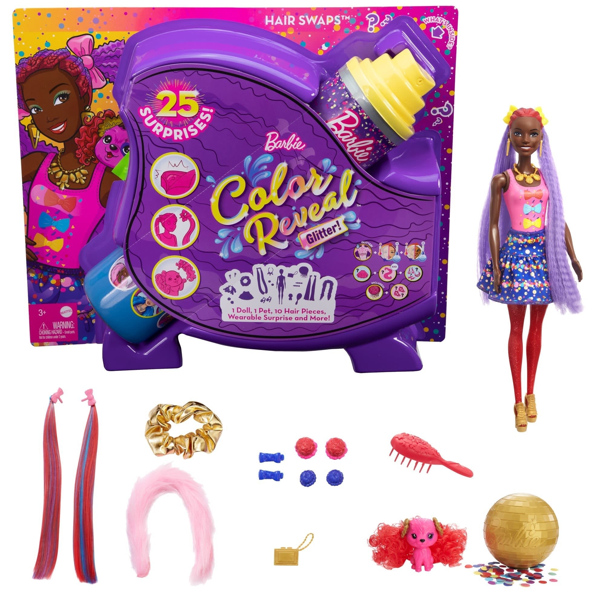 Mattel Barbie Color Revela Brillo! Muñeco Cambio De Pelo Azul Purpurina Con 25 Sorpresas