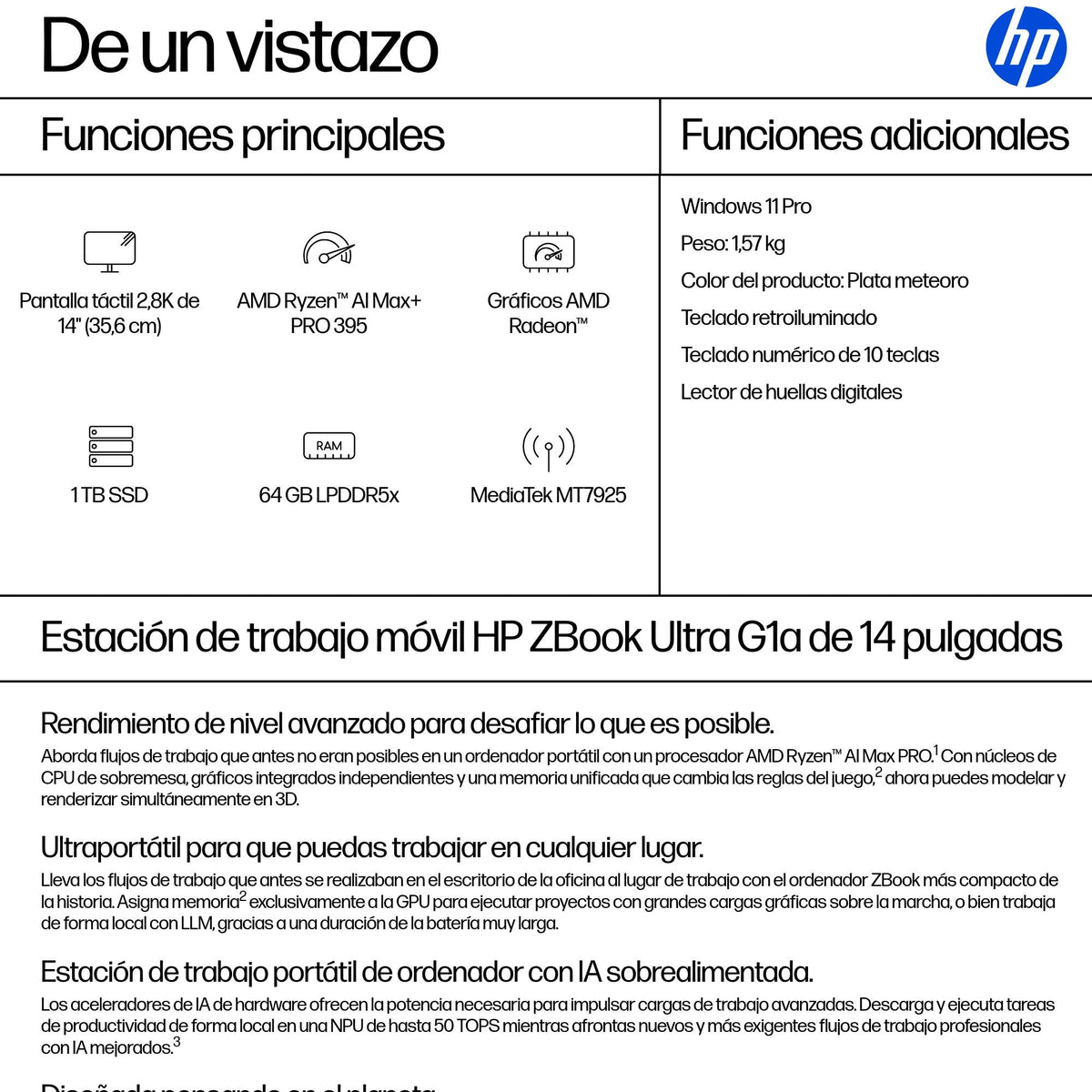 EAN 199251039249 - HP ZBook Ultra G1a Copilot+ PC AMD Ryzen AI Max+ PRO PRO 395 Estación de trabajo móvil 35,6 cm (14") Panta imagen 4