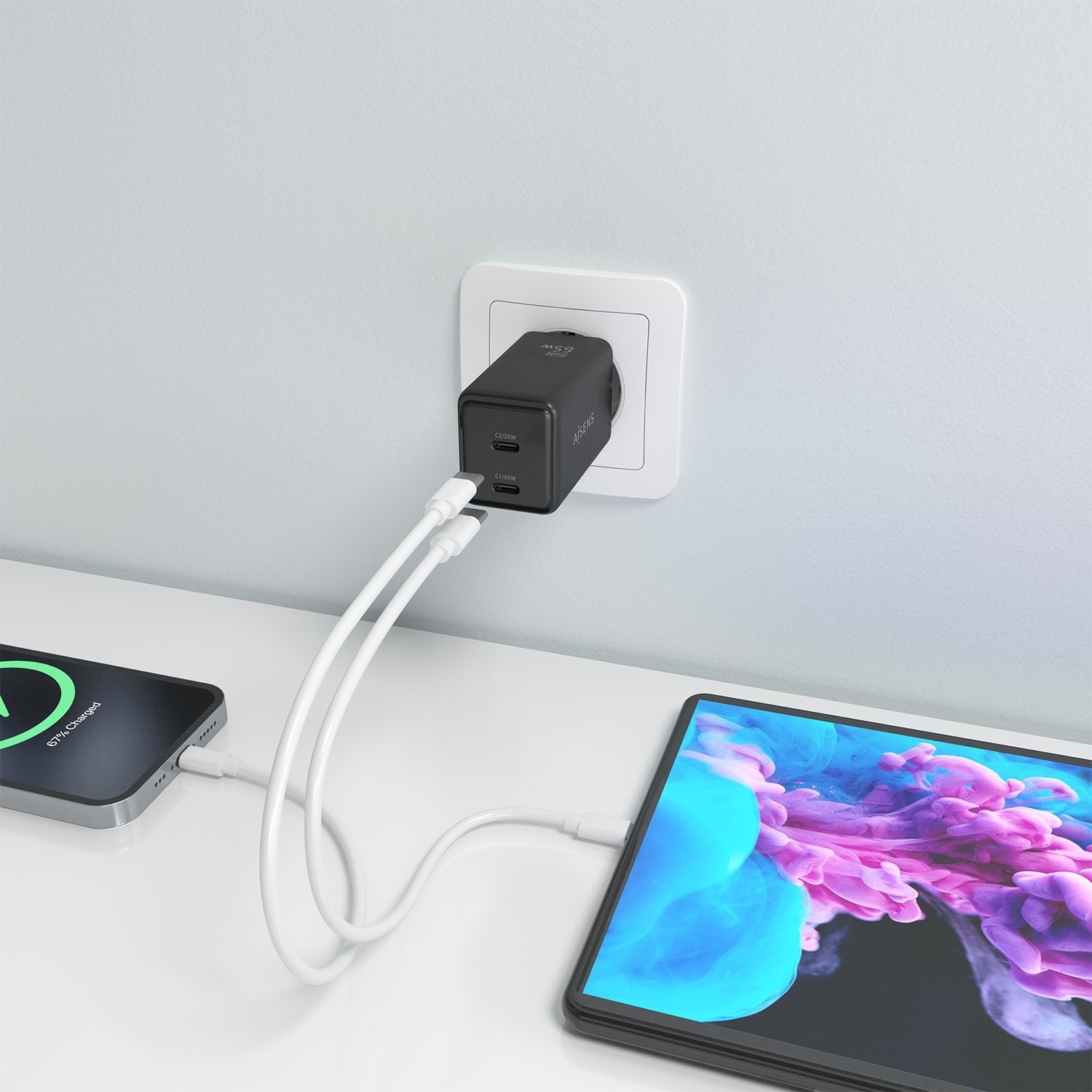 Aisens Cargador Gan 65w, 2xusb-C Pd3.0 Qc4.0, Negro