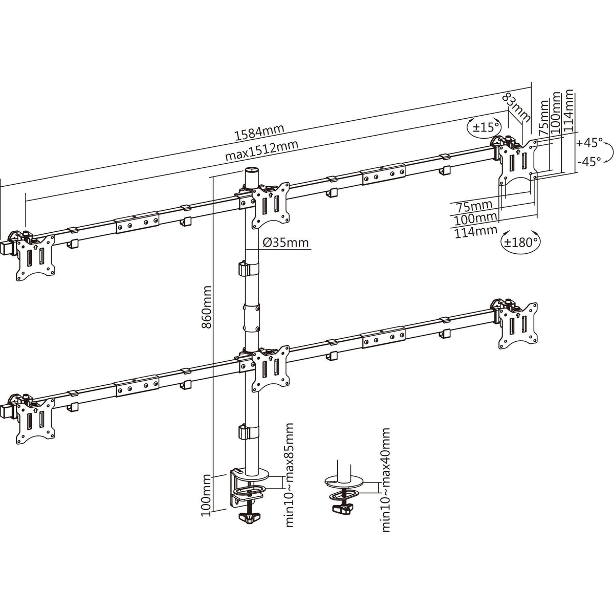 Inline® Desk Bracket For 6x Tv / Led / Tft Display Up A 81cm 32" Max. 7kg Negro