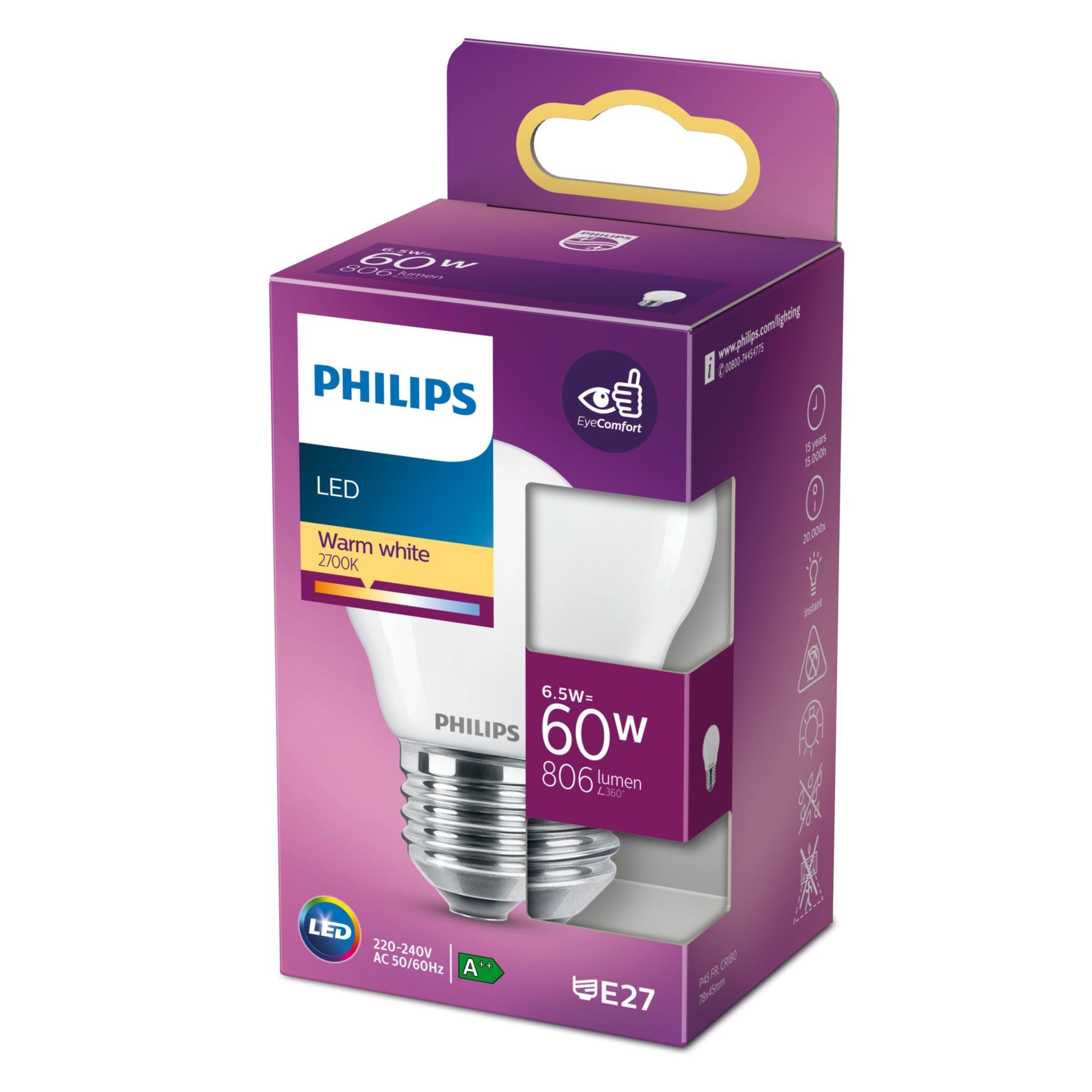 Bombilla Esferica Led E27 6,5 W 806 Lm 2700 K Luz Calida Ø4,5 X 7,8 Cm