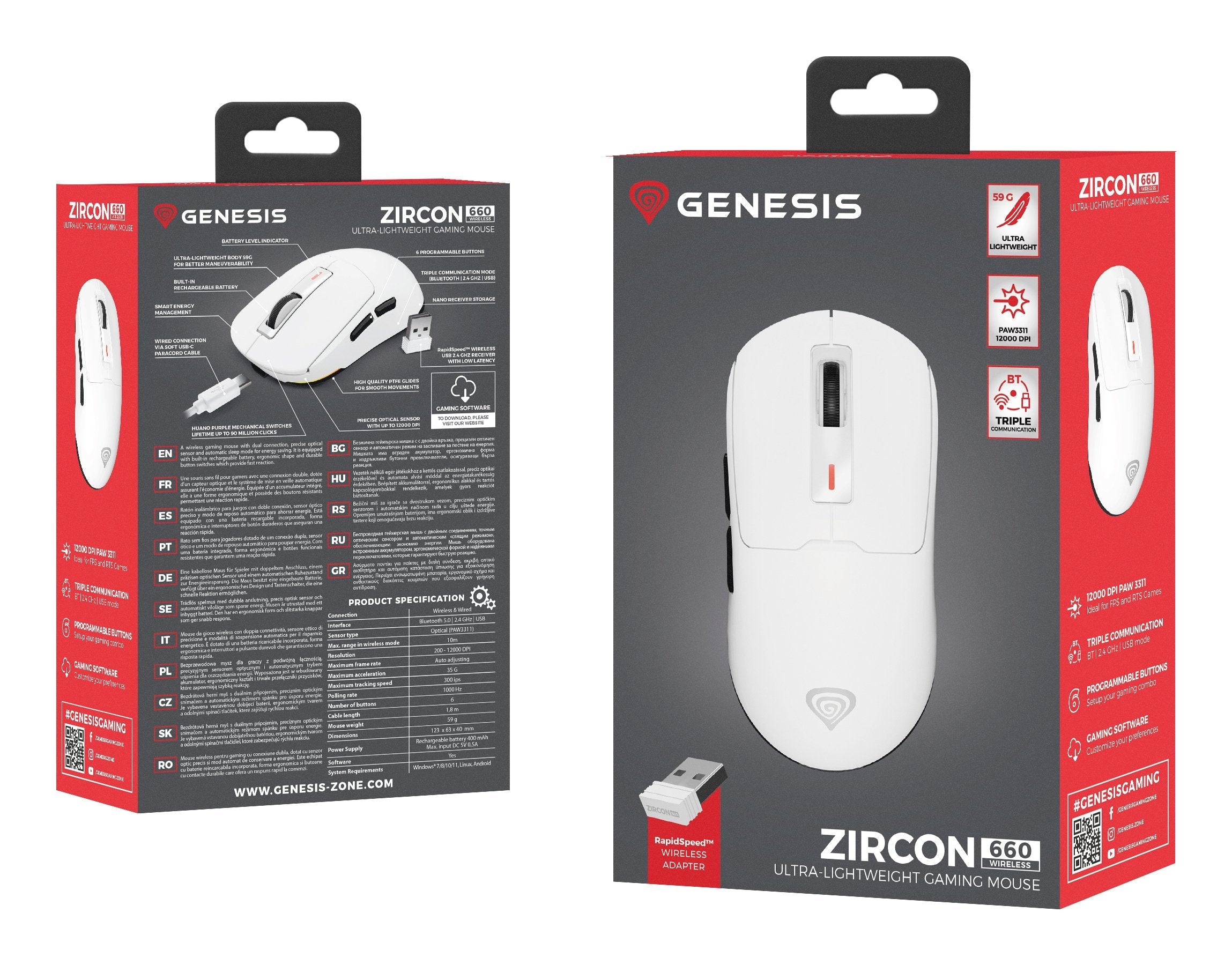 Raton Gaming Genesis Zircon 660 Wireless/Cable/Bt 12000 Dpi Blanco Ultraliviano
