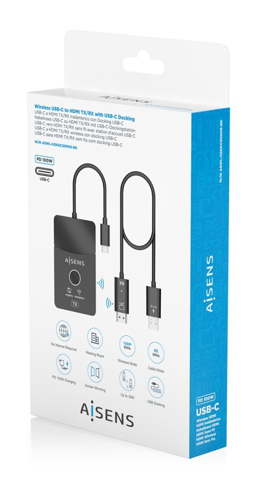 Aisens Docking Usb-C A Hdmi 1080p@60hz (Inalambrico) 30m, 1xhdmi 4k60hz (Cable) 2xusb-C 1xusb-A 1xusb-C Pd 100w, Negro
