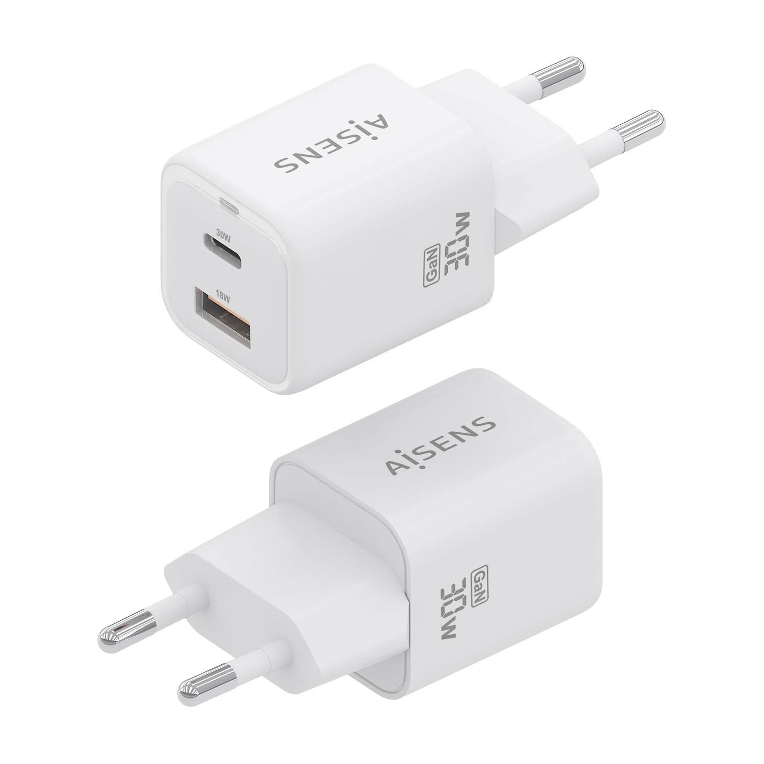 Aisens Cargador Gan 30w, 1xusb-C Pd3.0 Qc4.0, 1xusb-A Qc3.0, Blanco