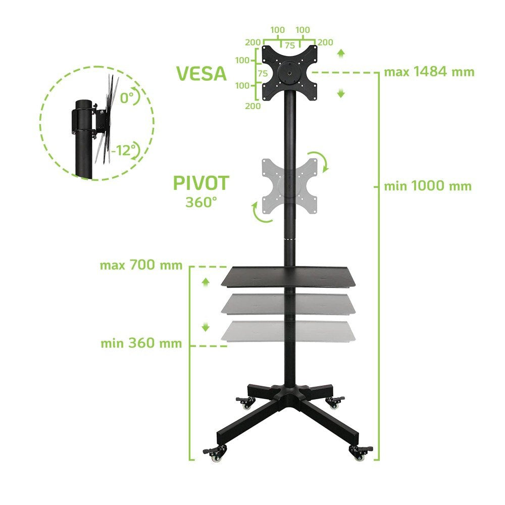 Techly Ica-Tr20 Soporte De Pie Para Pantalla Plana 94 Cm (37") Soporte De Suelo Con Ruedas Para Pantalla Plana Negro