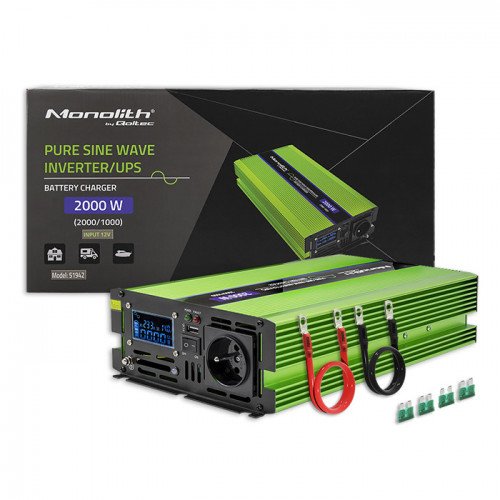 Qoltec 51942 Pure Sine Wave Inverter Monolith Battery Charger Ups 1000w 2000w 12v To 230v Lcd