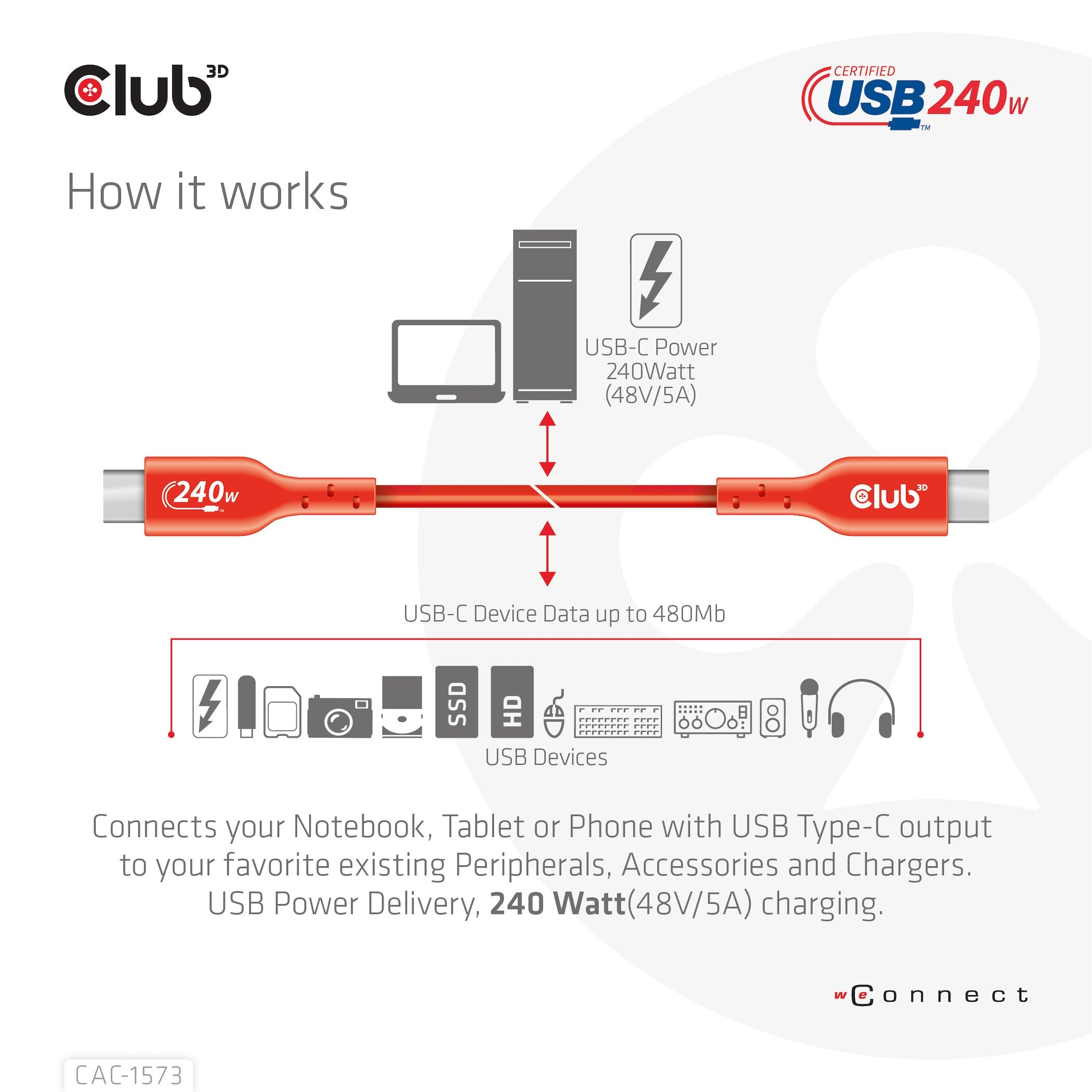 Club3d Cable Usb Tipo C Pd 240w / 480mb 2m M/M Retail
