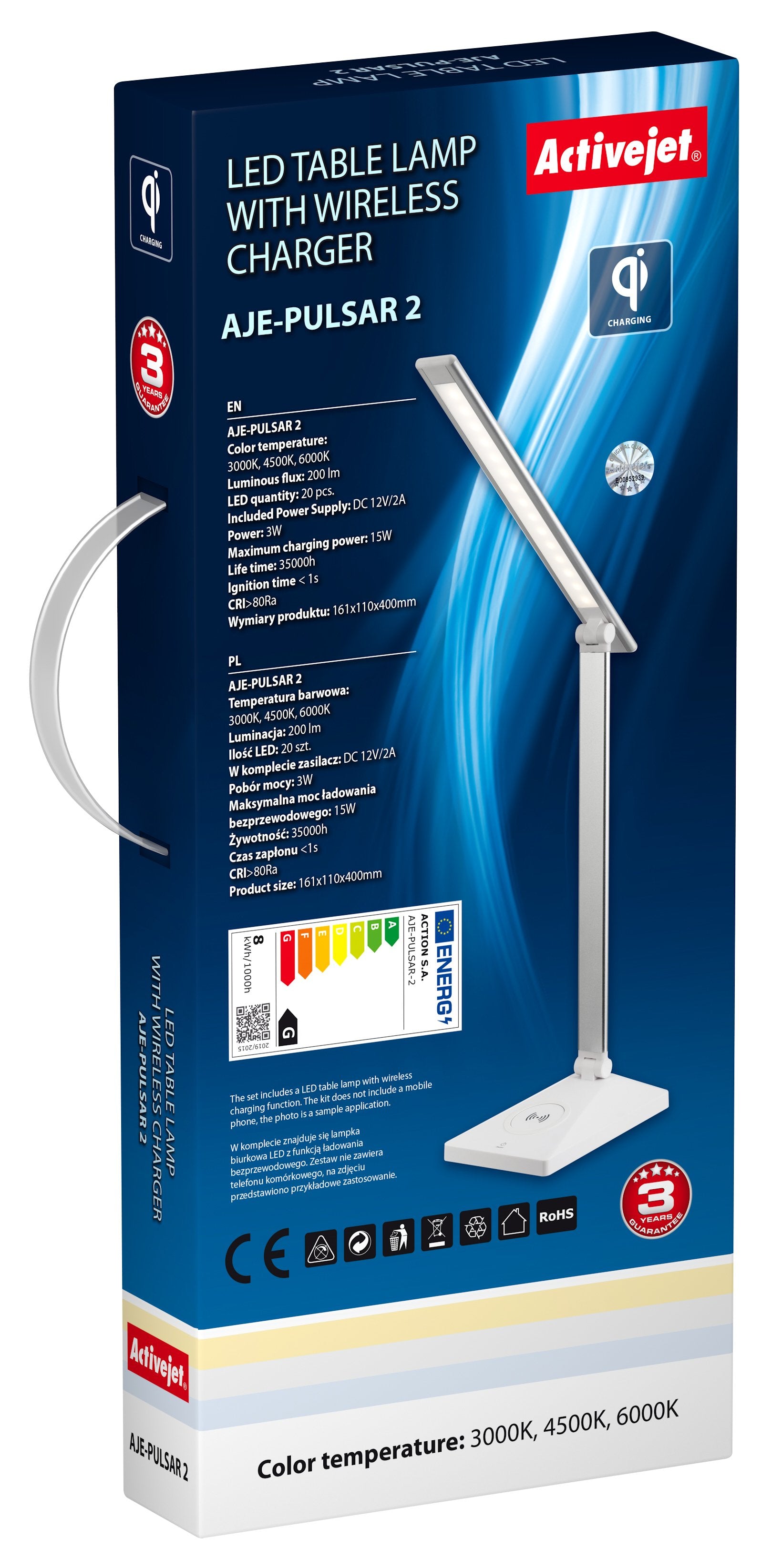 EAN 5901443116110 - Activejet AJE-PULSAR 2 lámpara de mesa Bombilla(s) no reemplazable(s) 3 W G Plata, Blanco imagen 3
