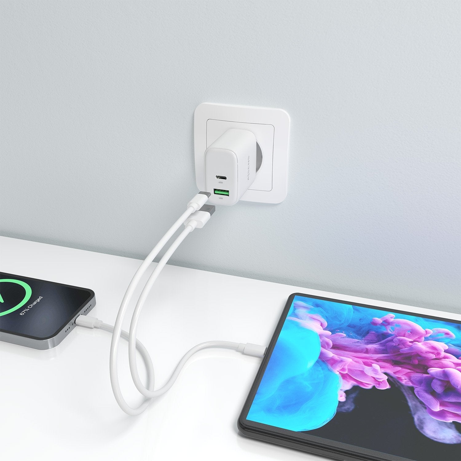 Aisens Cargador Gan 45w, 1xusb-C Pd3.0 Qc4.0, 1xusb-A Qc3.0, Blanco