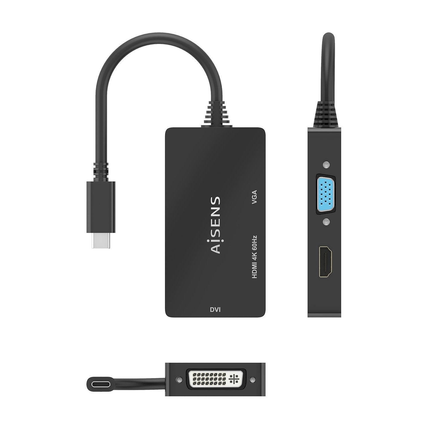 Aisens Conversor Usb-C A Dvi/Hdmi/Vga, Usb-C/M-Dvi/H-Hdmi/H-Vga/H, Negro, 15cm