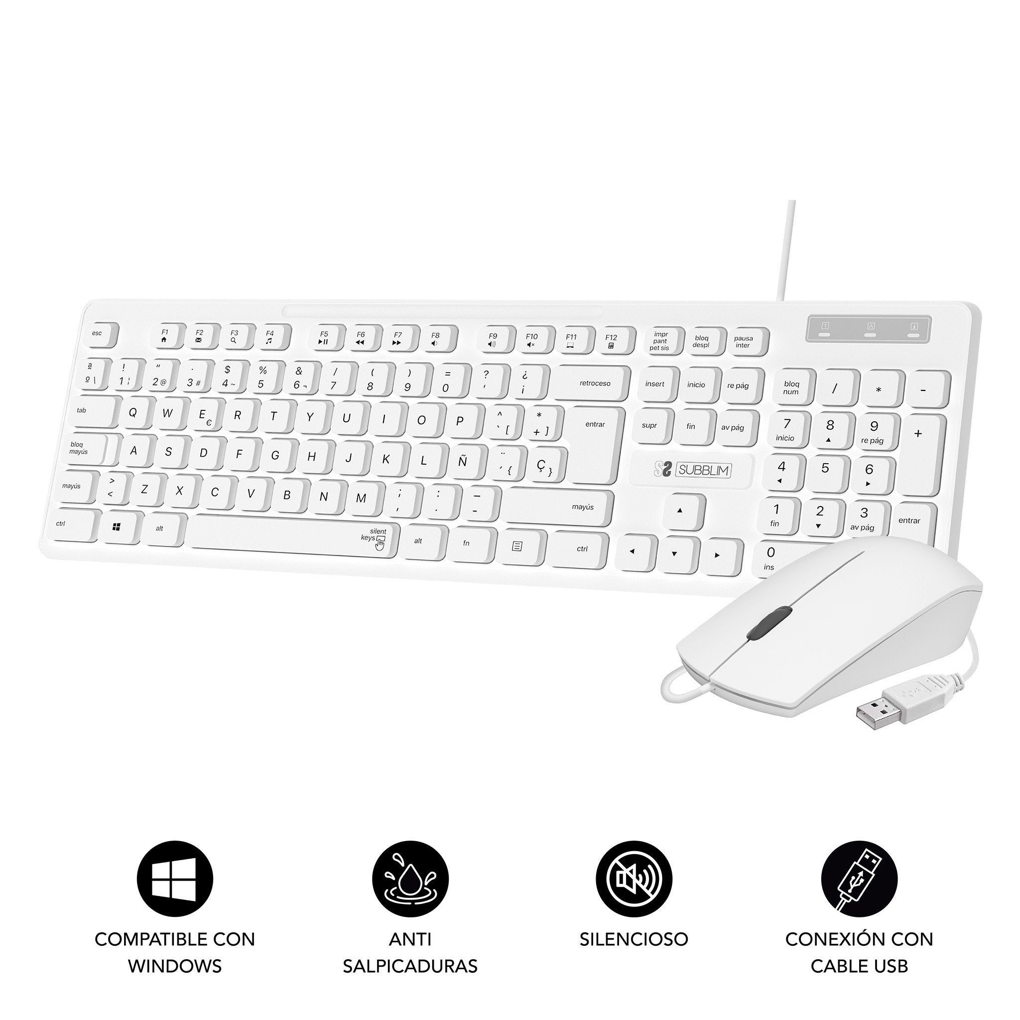Teclado Y Ratón Subblim Combo Business Slim Silencioso Blanco Español