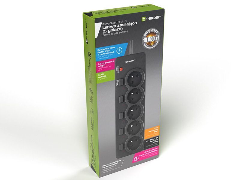 Protector Contra Sobretensiones Tracer Powerguard + 1,8 M Negro (5 Salidas)