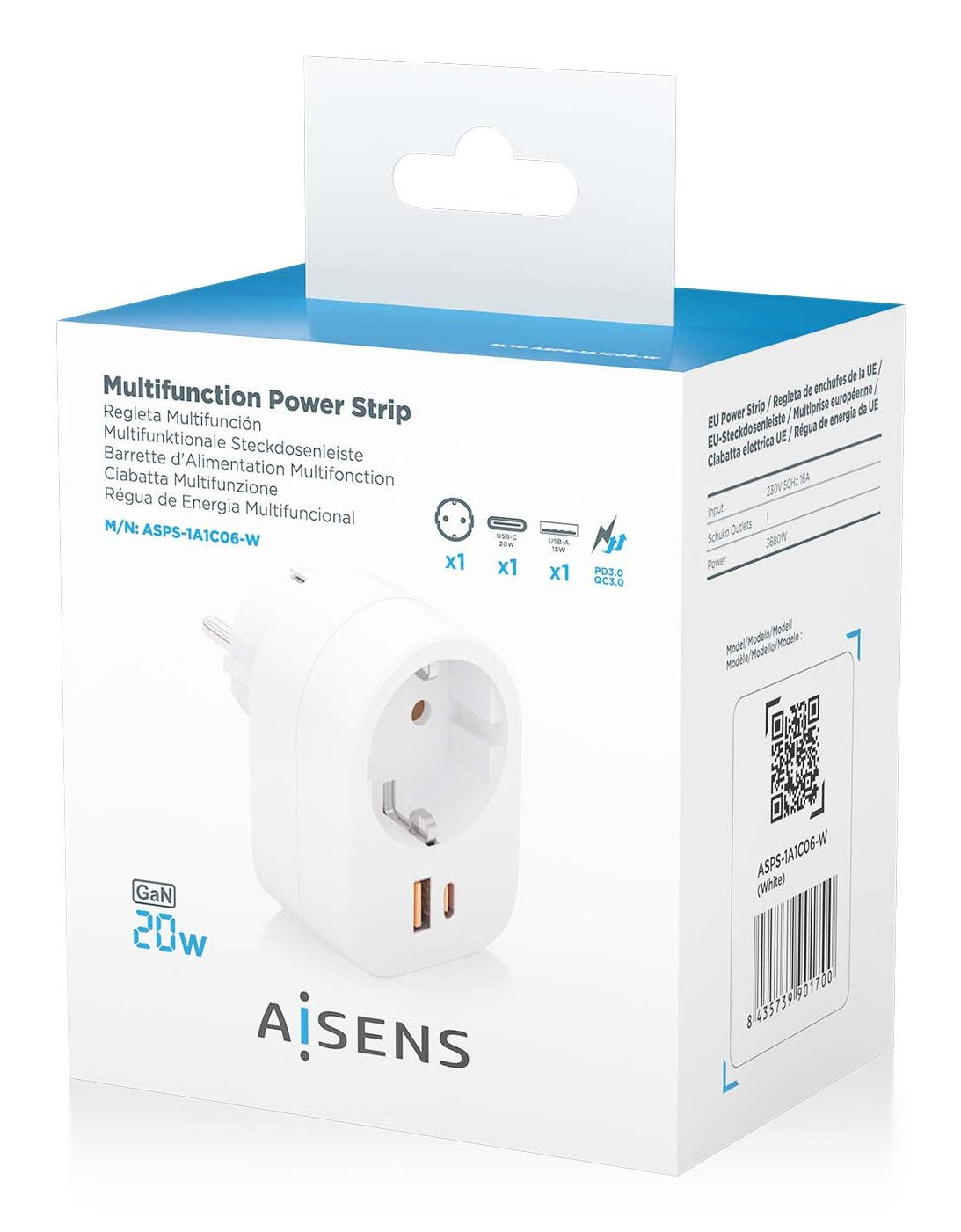 Aisens Regleta De Pared Multifuncion Con 1 Toma + 1xusb-C 20w Pd3.0, 1xusb-A 20w Qc3.0, Blanco