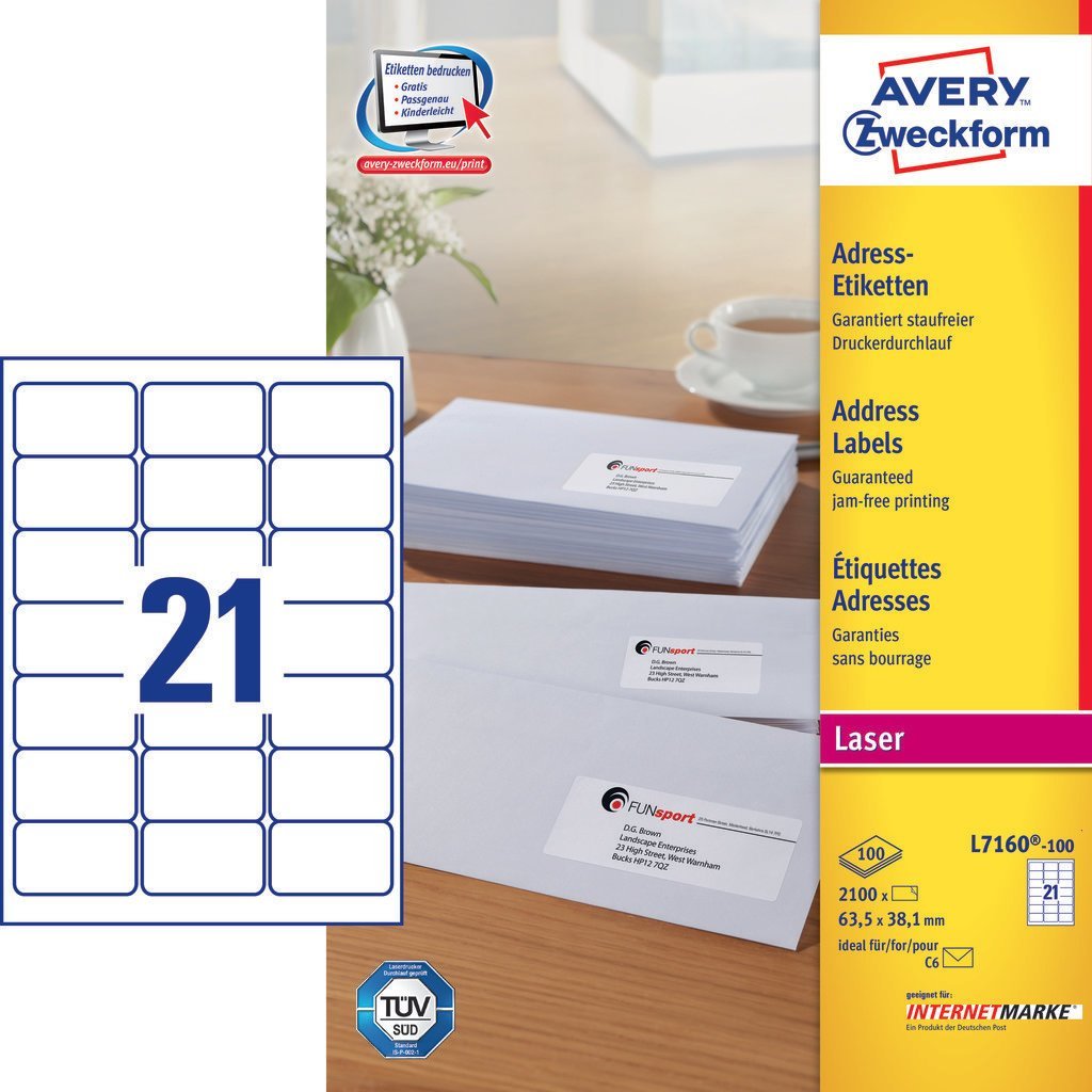 EAN 5014702003103 - Avery L7160-100 etiqueta autoadhesiva Rectángulo redondeado Permanente Blanco 2100 pieza(s) imagen 1