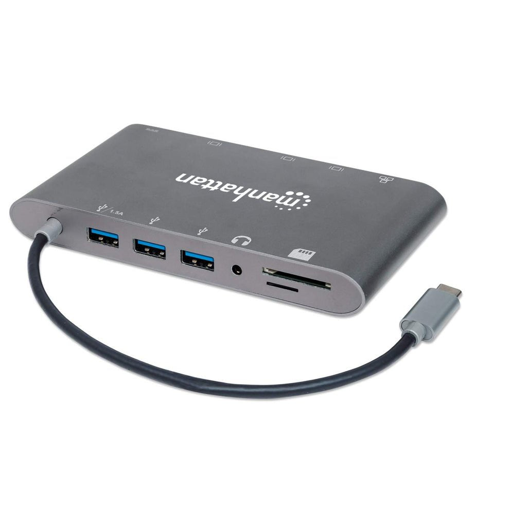 Manhattan Estación Docking Usb-C 7 En 1 Usb 3.1 Tipo-C Macho A Hdmi, Mini Dp O Vga, 3 Usb 3.0 Tipo-A,1 Usb-C Pd, Gigabit Rj45, Lector Tarjetas Sd Y Audio De 3.5 Mm, Aluminio, Gris
