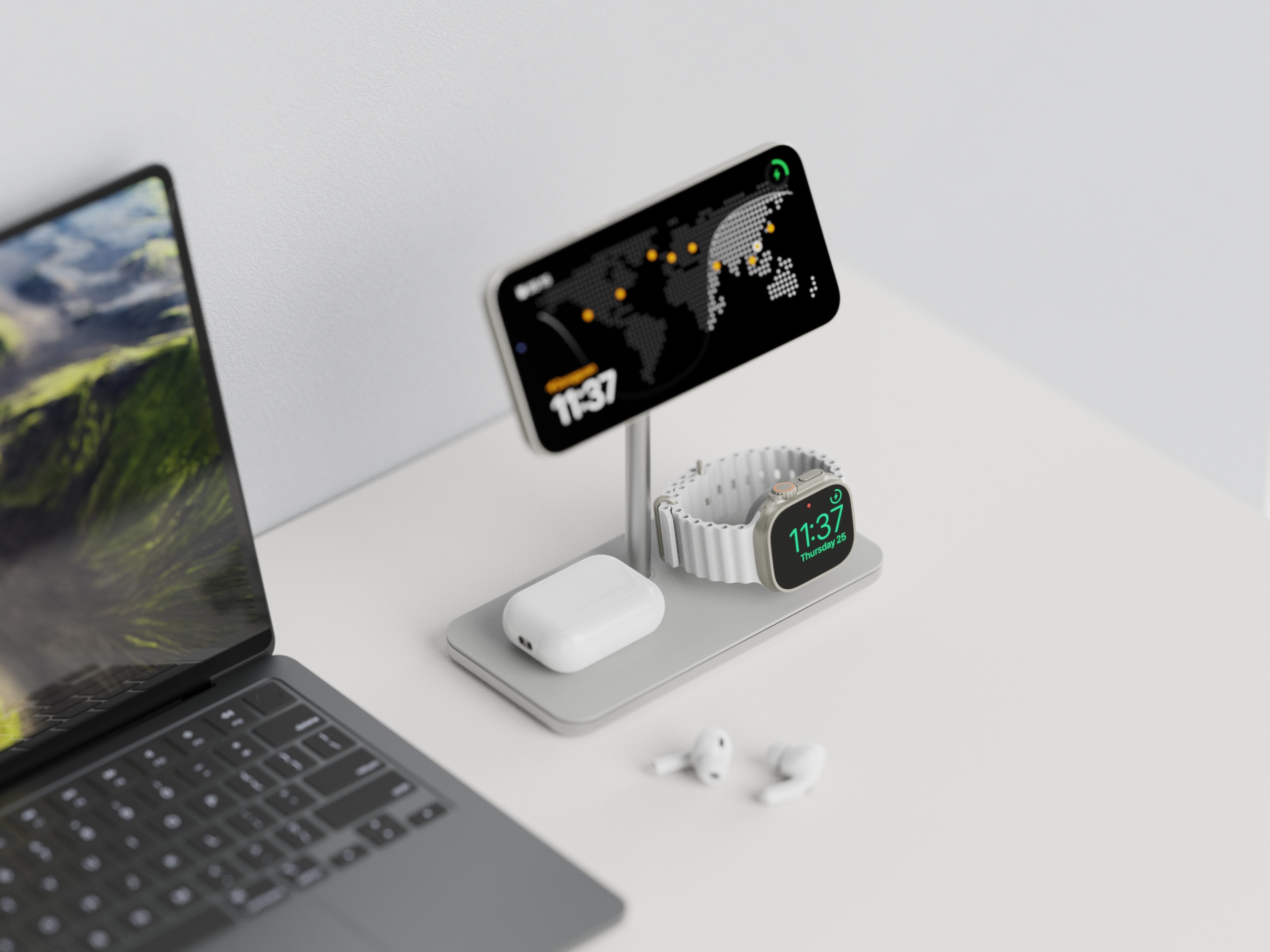 Soporte Base De Carga Inalambrico 3en1 Magsafe Plata Linq Carga Magnética Qi2/ Certificación Mfi Para Apple Watch