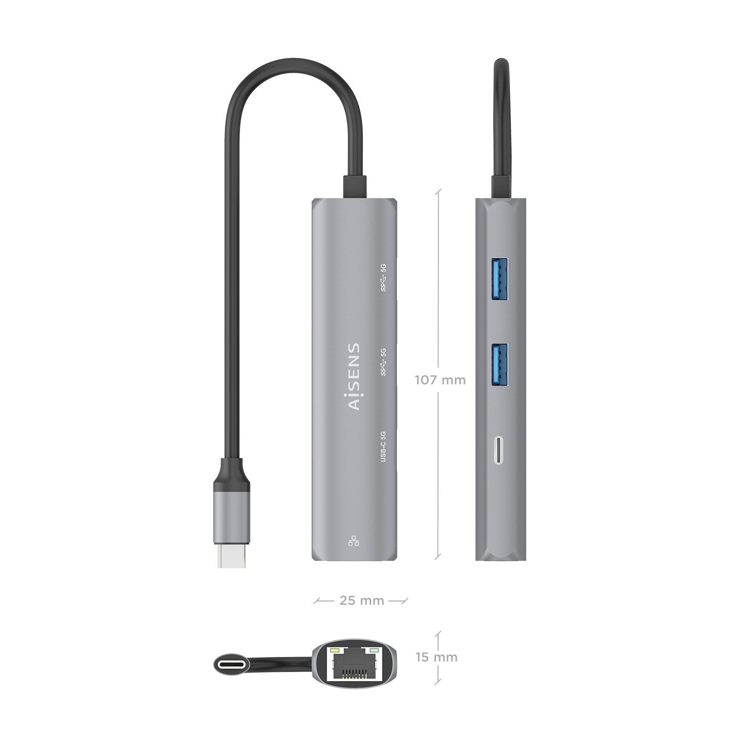Aisens Dock Usb-C A Ethernet Gigabit + Hub 1xusb-C+2xusb-A, Gris, 15cm