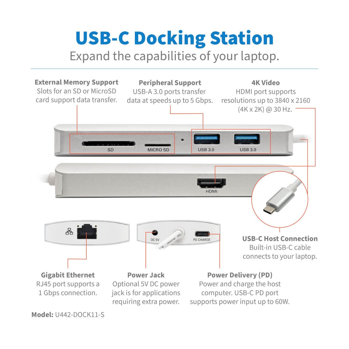 Tripp Lite Estación De Conexión Usb-C Type-C, 4k @ 30 Hz, Hdmi, Thunderbolt 3, Usb-A Hub, Carga Pd, Sd Micro Sd, Gbe - Plata