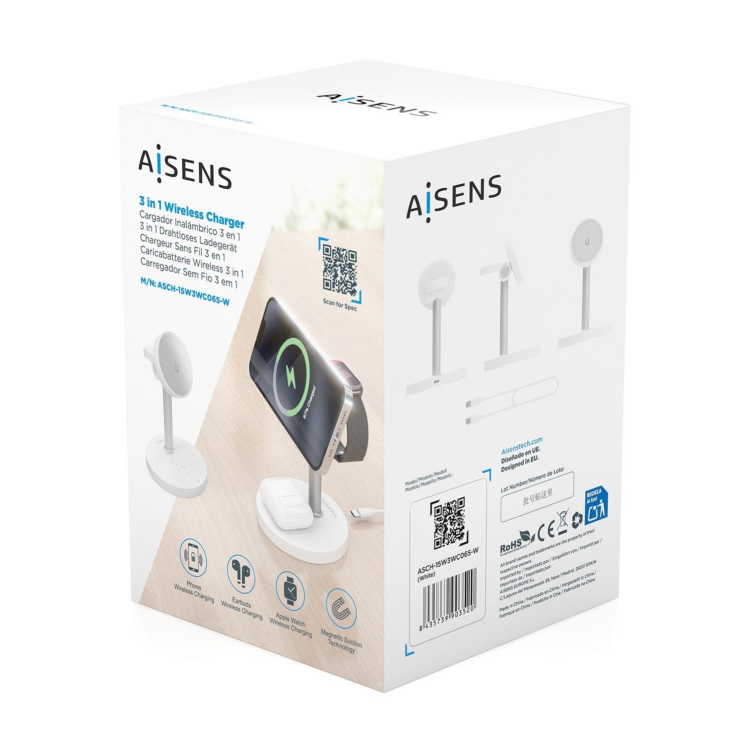 Aisens Cargador Inalambrico Usb-C 3 En 1 De 15w Para Movil, Apple Watch, Auriculares Con Estuche De Carga, Blanco