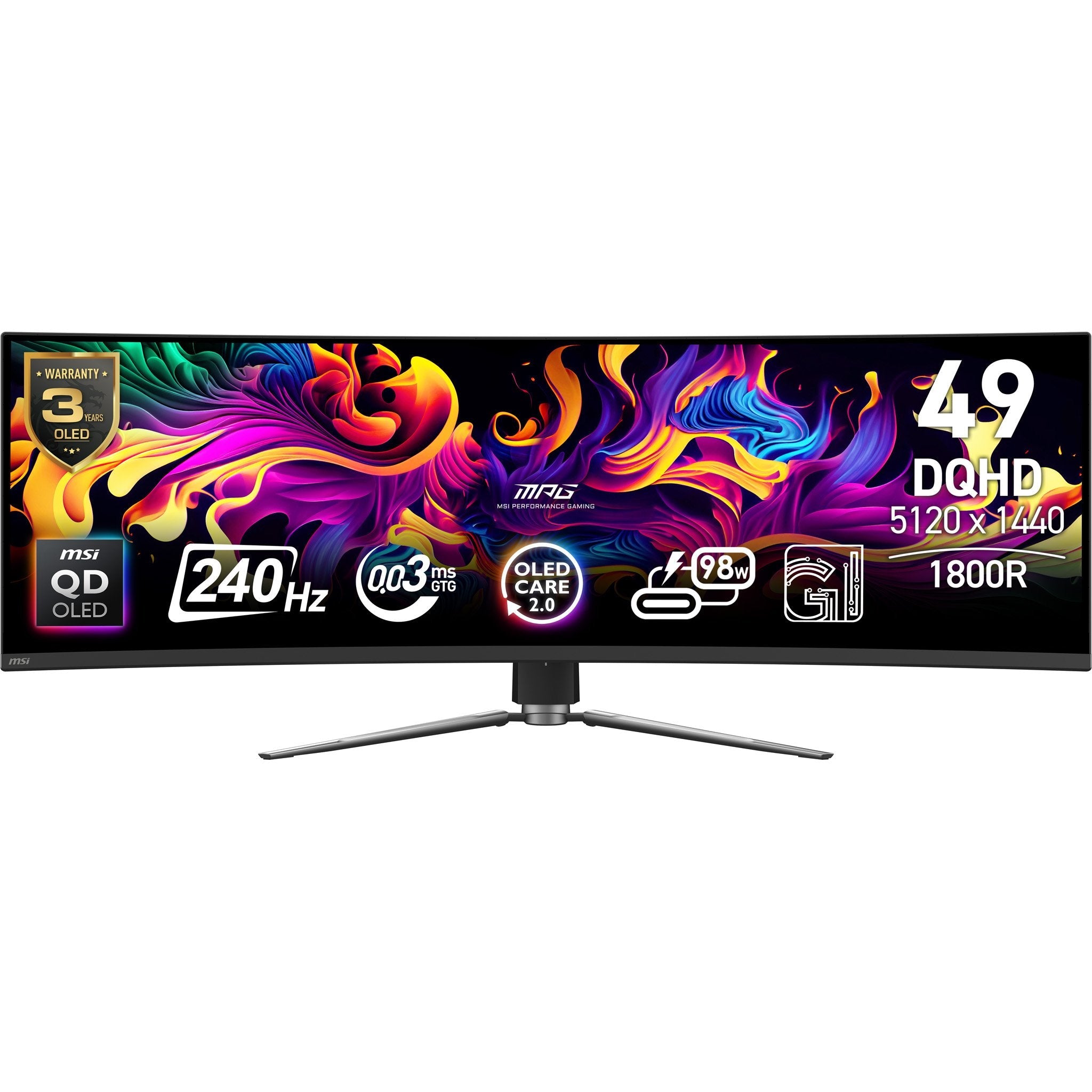 Msi Mpg 491cqpxde Qd-Oled, Monitor De Juegos De 124.5 Cm (49 Pulgadas), Negro, Dqhd, Curvo, Cubo Usb, Usb-C, Panel De 240hz 9s6-3fa84t-029