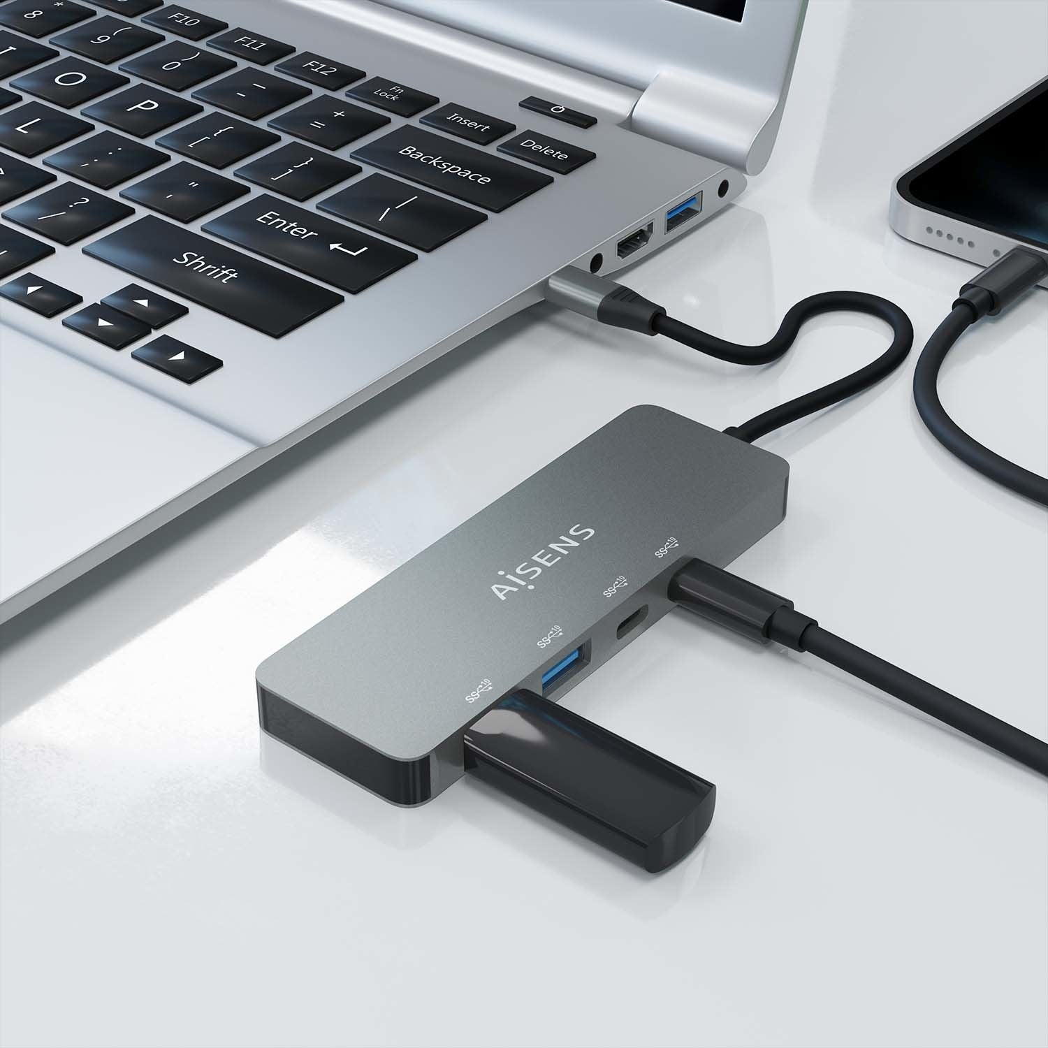 Aisens Hub Usb 3.2 Gen2 10g Usb-C, Usb-C/M-2xusb-C/H-2xusb-A/H, Gris, 15cm