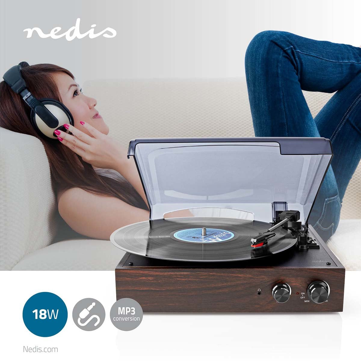 Nedis Tocadiscos 33 45 78 Rpm 18 W Conversión A Mp3 Abs Mdf Marrón
