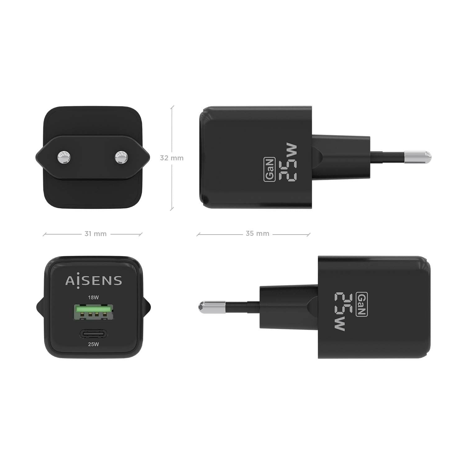 Aisens Cargador Gan De Pared 1xusb Tipo-C 1xusb 25w Asch-25w2p015-Bk