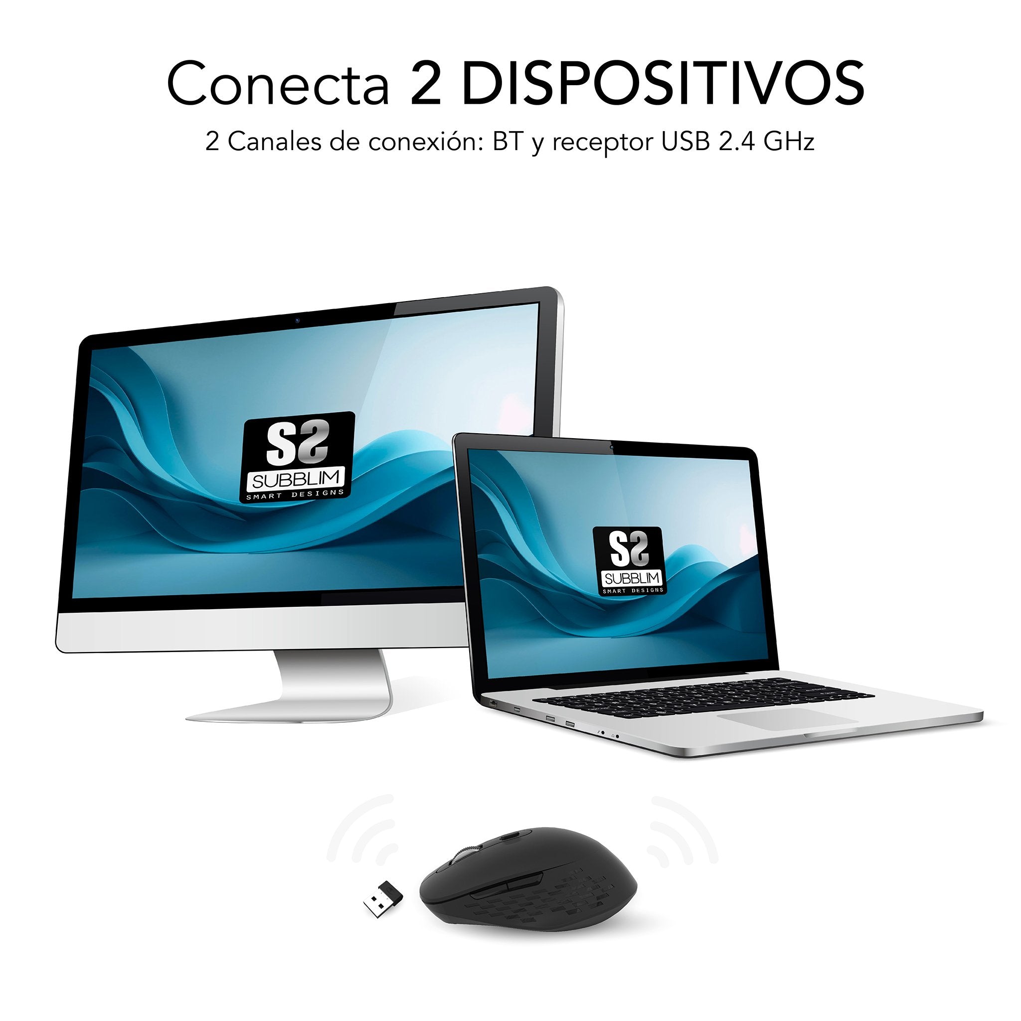 Raton Subblim Curve Ergo Dual Inalambrico Bluetooth, Usb 2.4ghz 1600dpi - 5 Botones - Uso Diestro - Negro