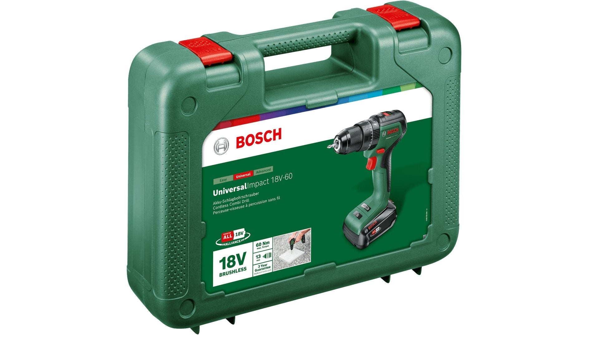 Taladro De Impacto Inalámbrico Bosch Universalimpact 18v-60 (Verde/Negro, Batería Li-Ion 2.0ah, Estuche, Power For All Alliance)