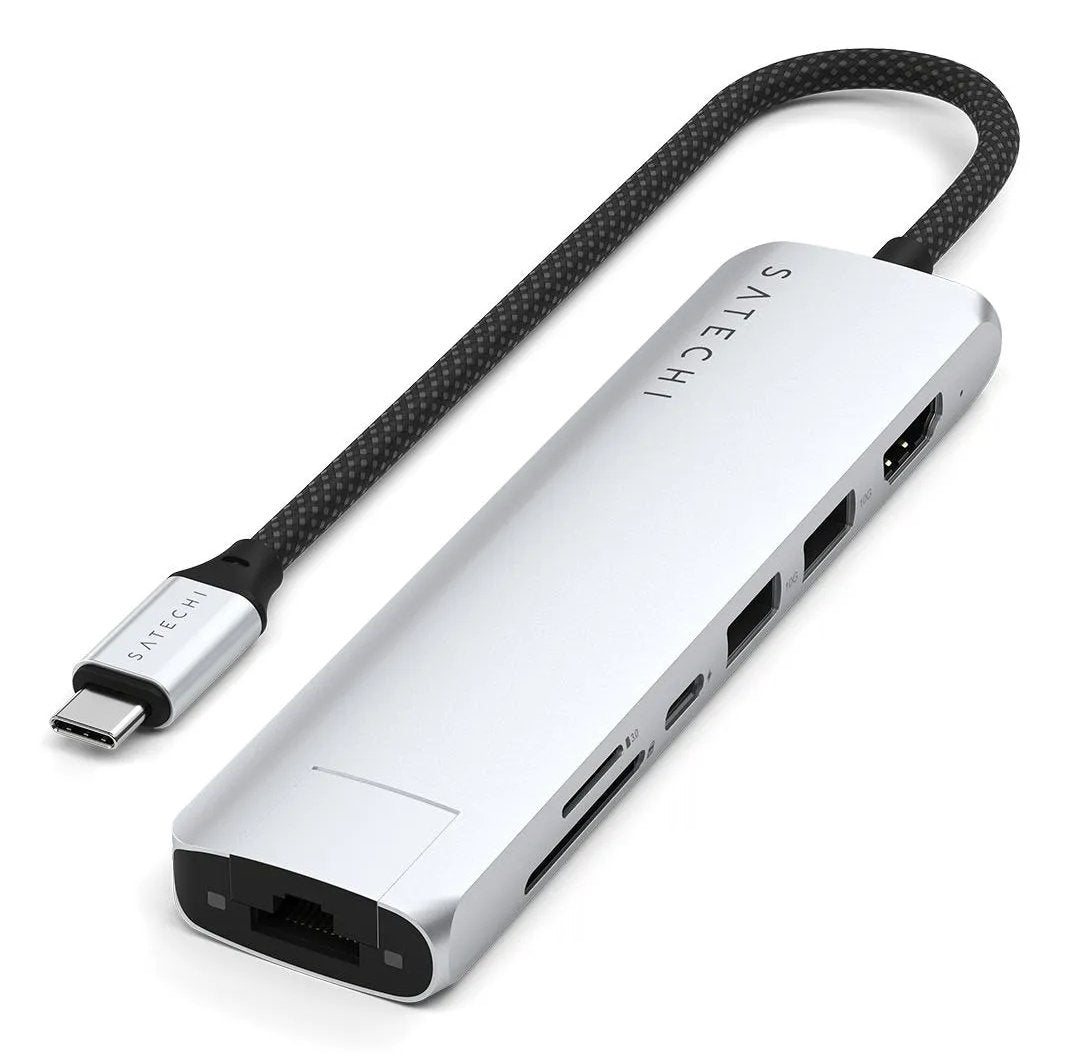 Satechi 7-W-1 Usb-C Slim Multiport Adapter Ethernet (Usb-C Pd, 2x Usb-A, Hdmi 4k, Ethernet, Czytnik Kart Micro/Sd) (Srebrny)