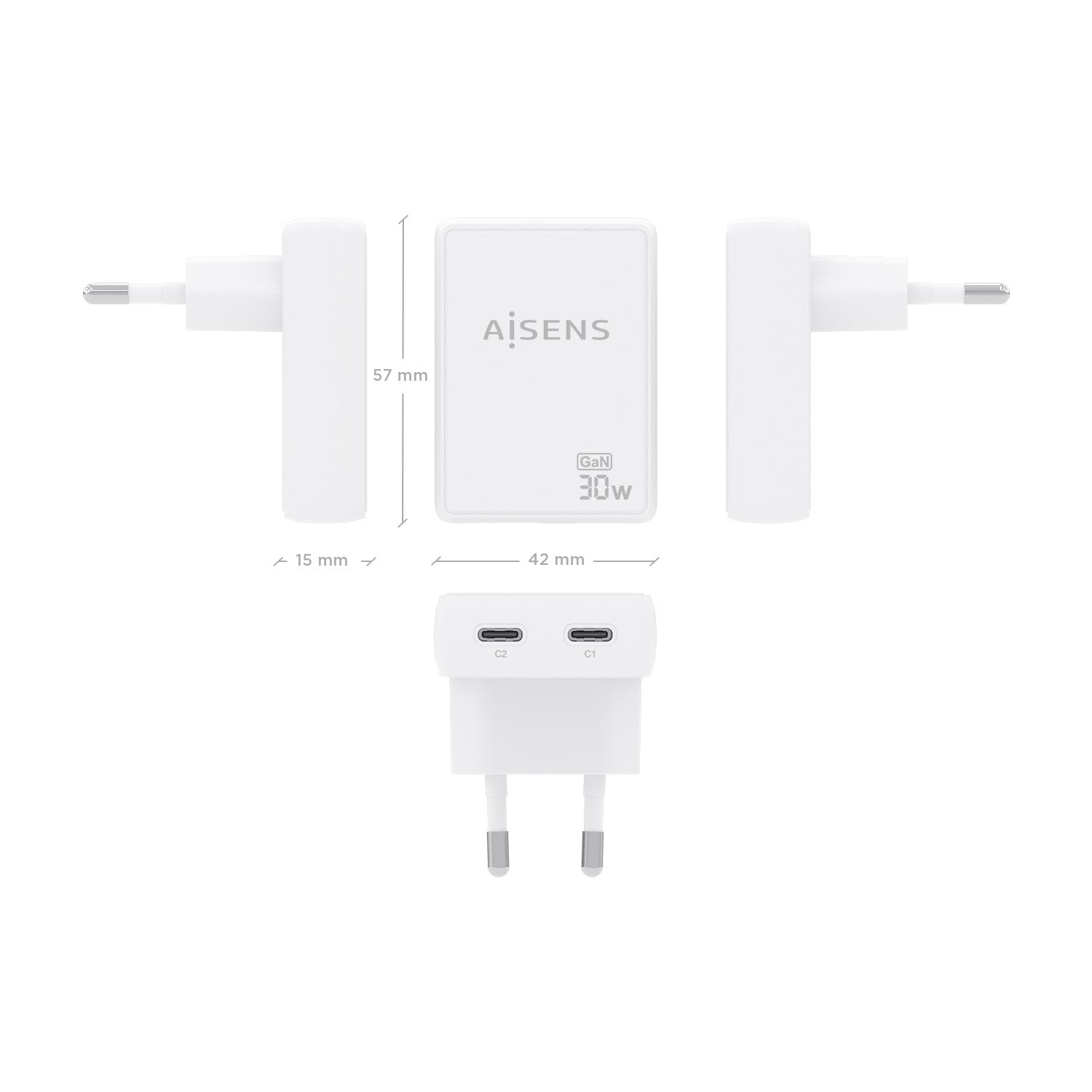 Aisens Cargador De Pared Gan Ultra Delgado 30w, 2xusb-C Pd3.0 Qc4.0, Blanco