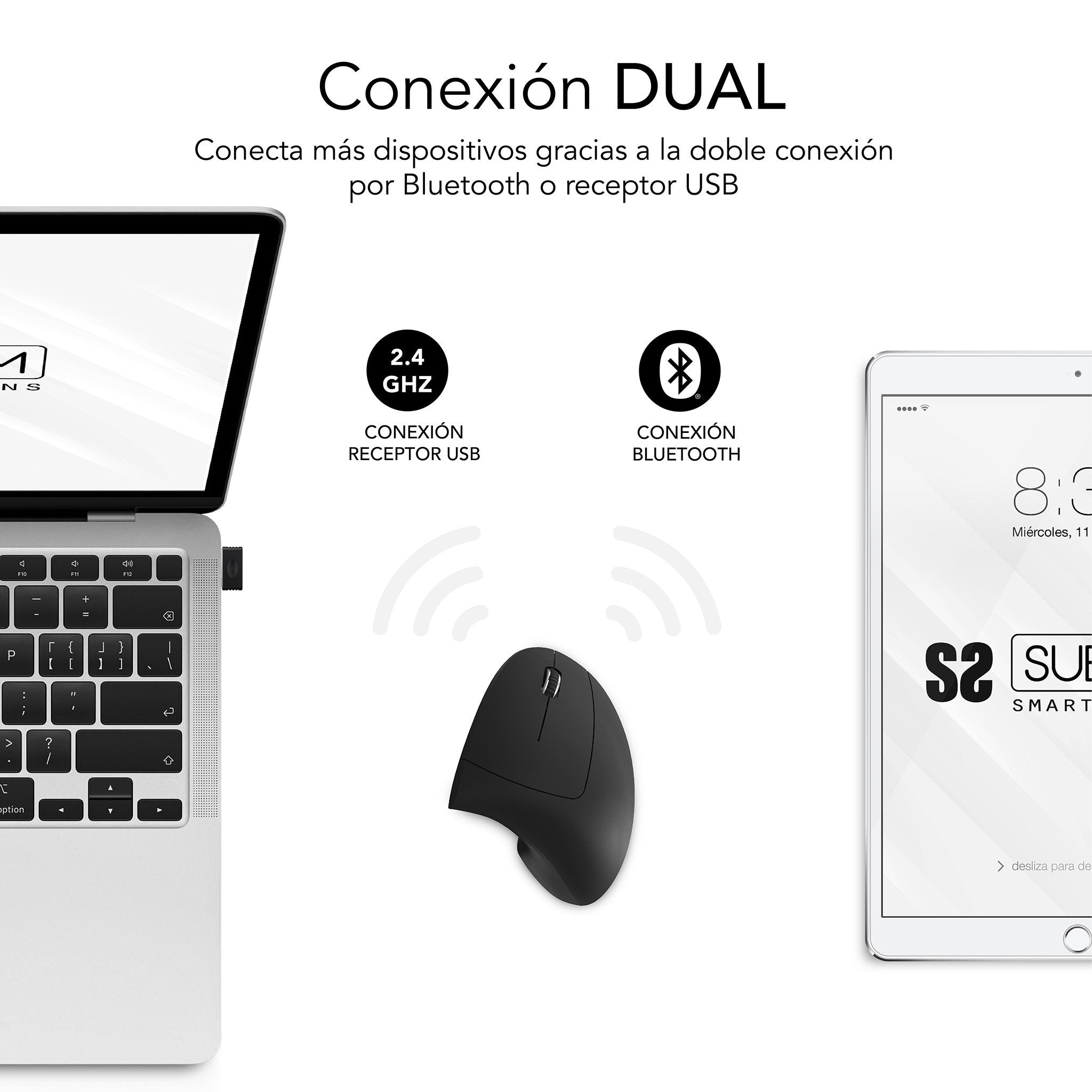 EAN 8436586743055 - SUBBLIM RATON OPTICO DUAL GLIDE VERTICAL ERGO DUAL BATERIA NEGRO ratón Universal mano derecha Bluetooth + imagen 2