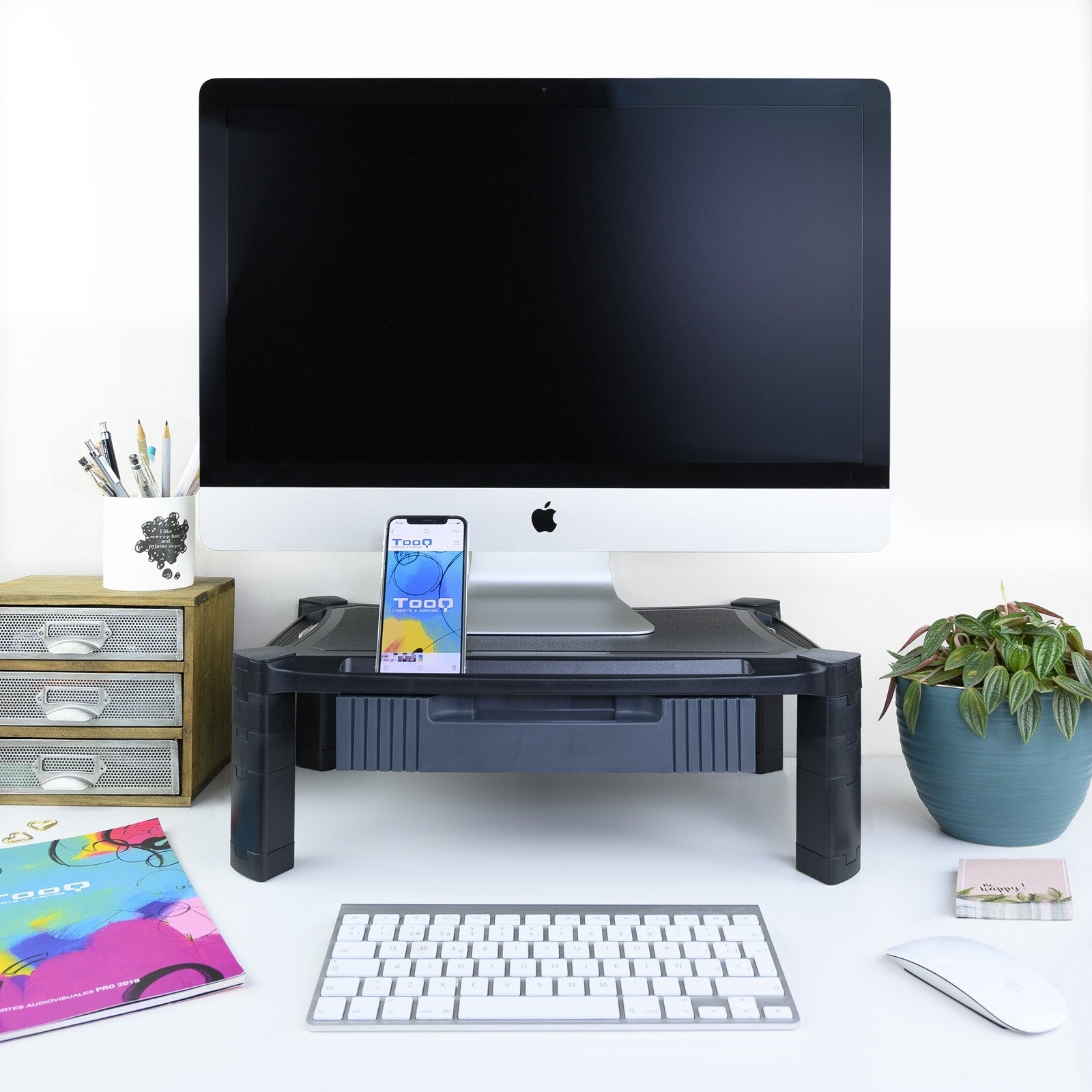 Tooq Soporte Elevador Con Cajon Para Monitor O Portatil - Regulable En Altura - Peso Max 10kg - Negro