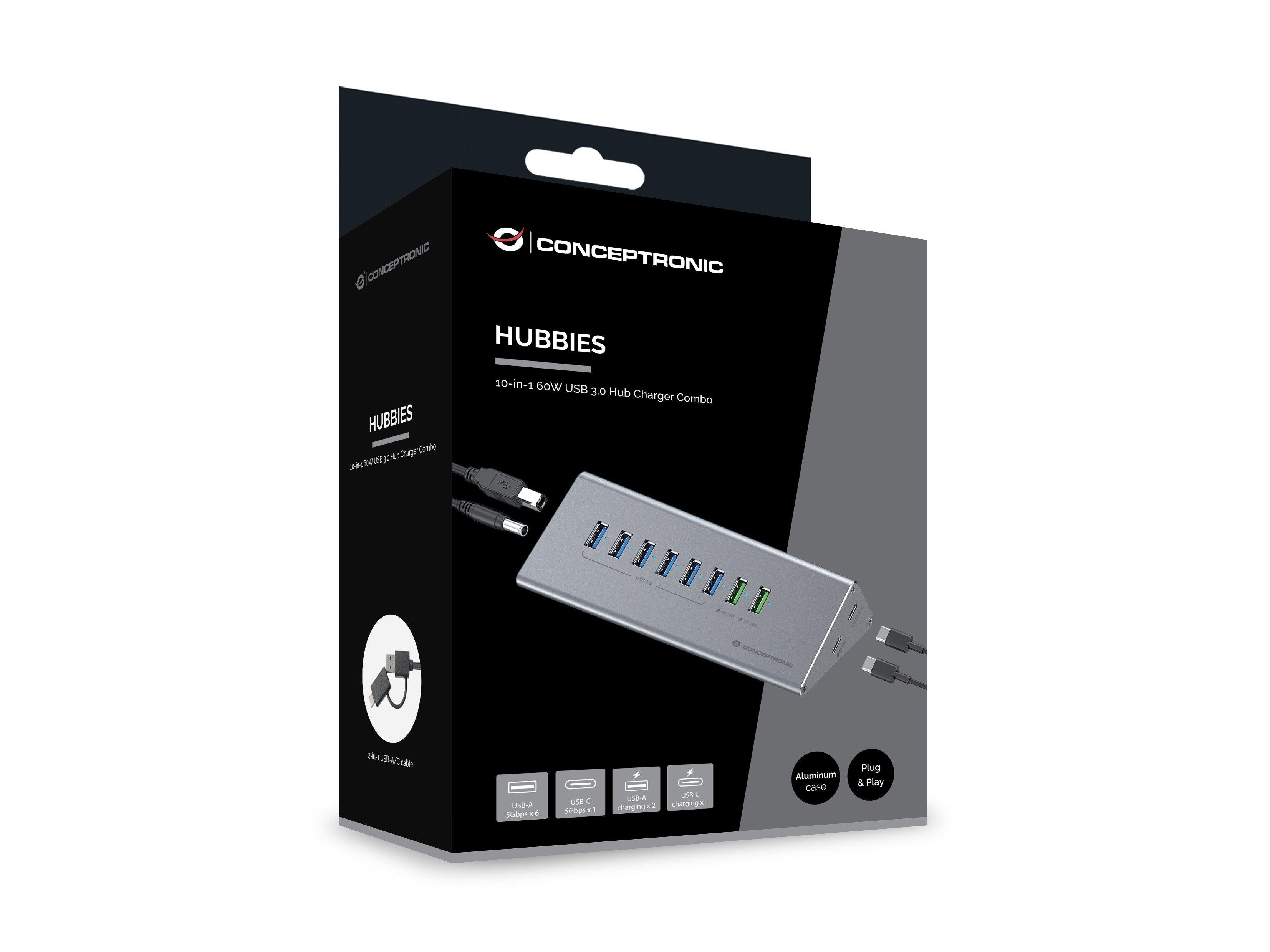 Hub Usb Conceptronic -> 8x Usb-A 60w, 2x Usb-C 3.0 Mn Si