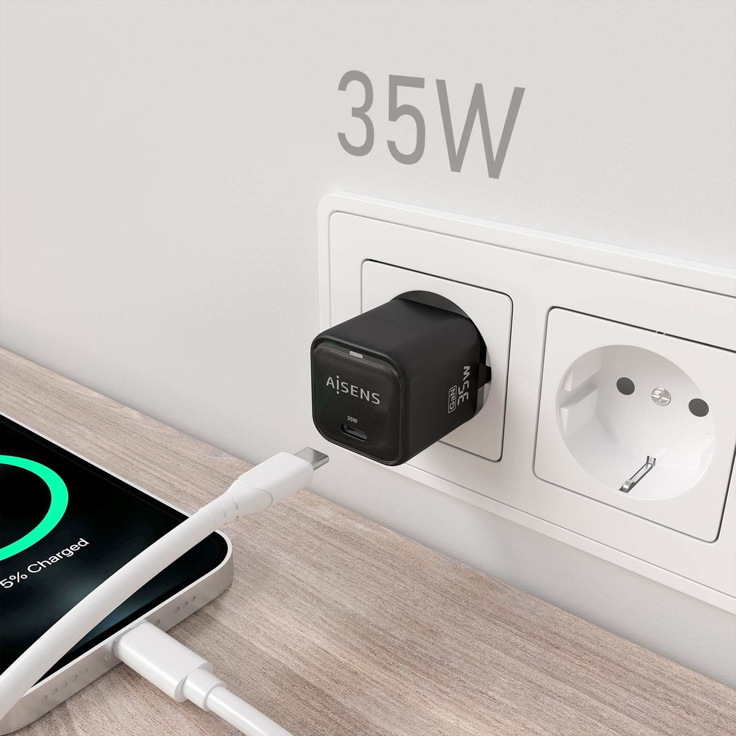 Aisens Cargador Gan 35w, 1xusb-C Pd3.0 Qc4.0, Negro