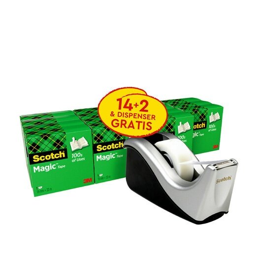 Scotch Magic Pack De 16 Cintas Adhesivas Invisibles 19mm X 33m + Dispensador Gratis - Del Dispensador Negro/Gris