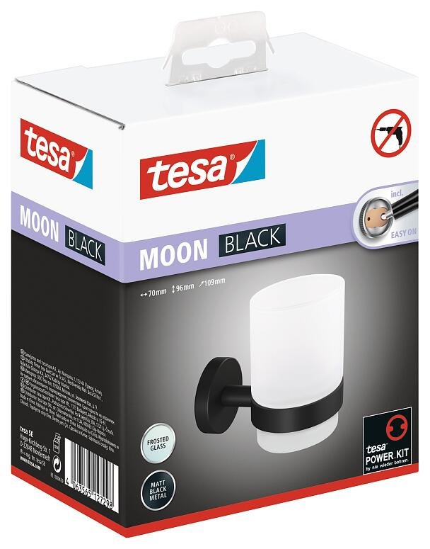 Tesa® Moon Grey Soporte Gris Con Vaso De Cristal, Autoadhesivo, Metal Con Recubrimiento En Polvo