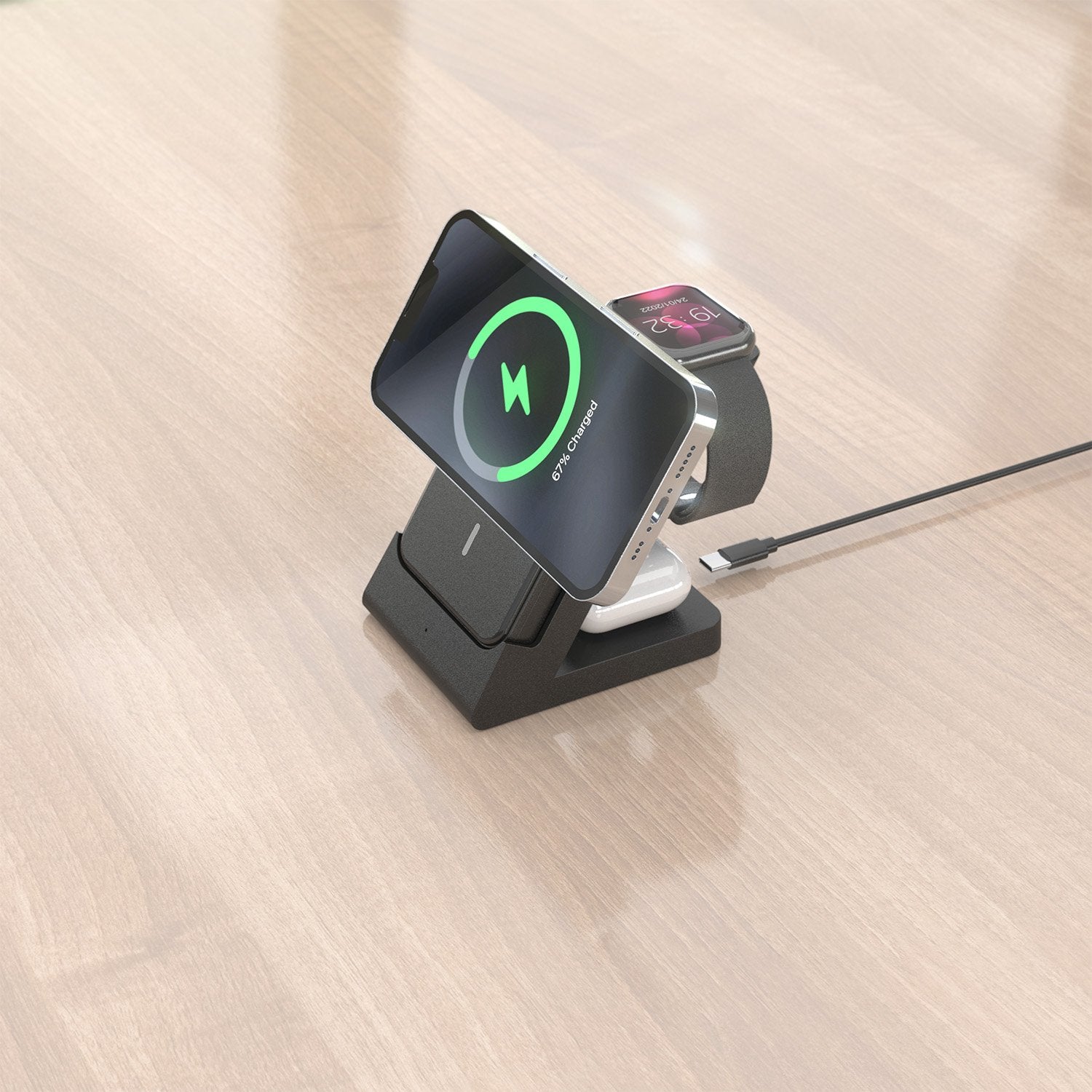 Aisens Cargador Inalambrico Usb-C 4 En 1 De 15w Para Movil, Apple Watch, Auriculares Con Estuche De Carga, Negro