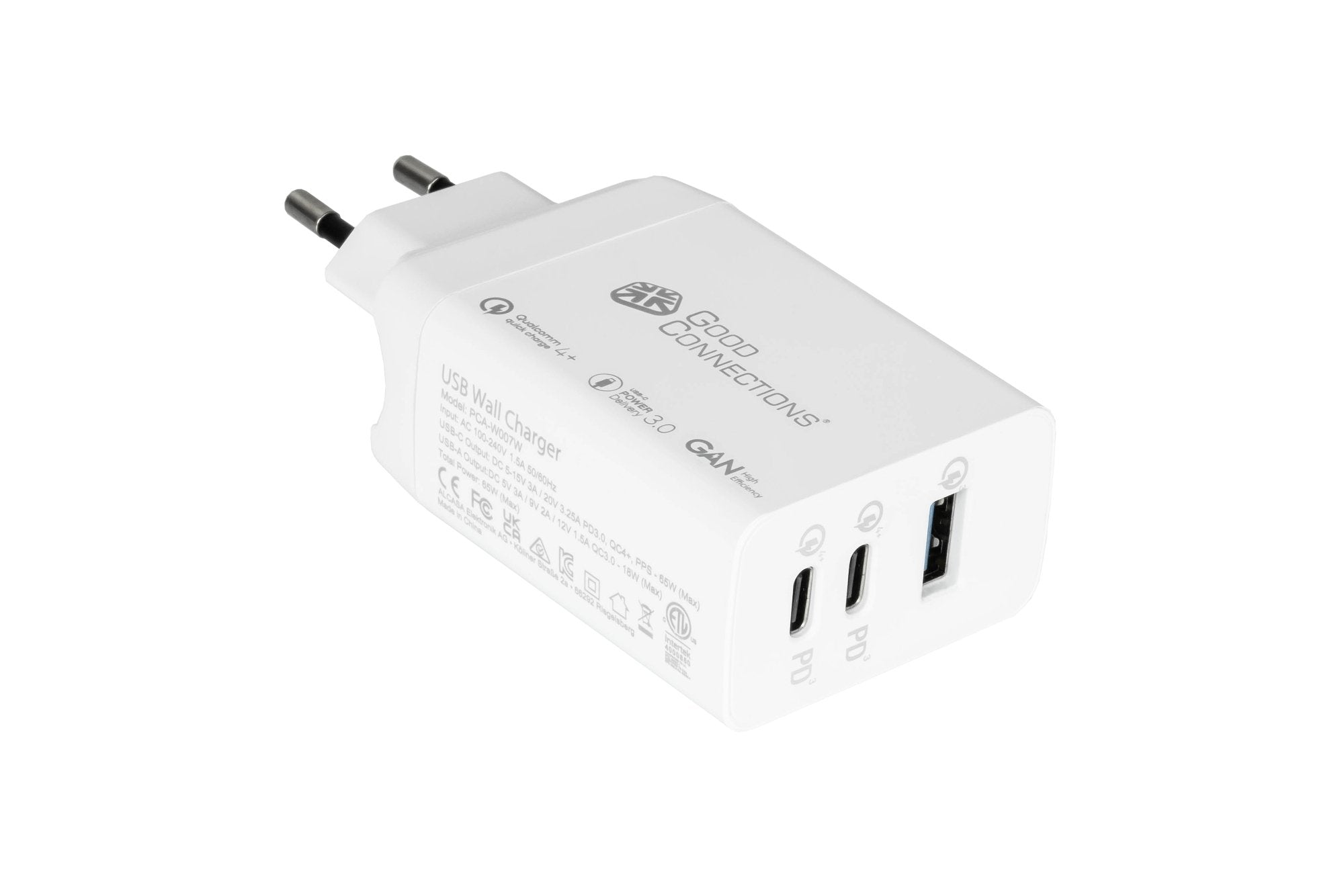 Usb-Schnell Cargador 65w Mit Gan-Technologie 3-Port 2xusb-C Usb-A Pd3,0 Qc3,0 Goodconnections Blanco
