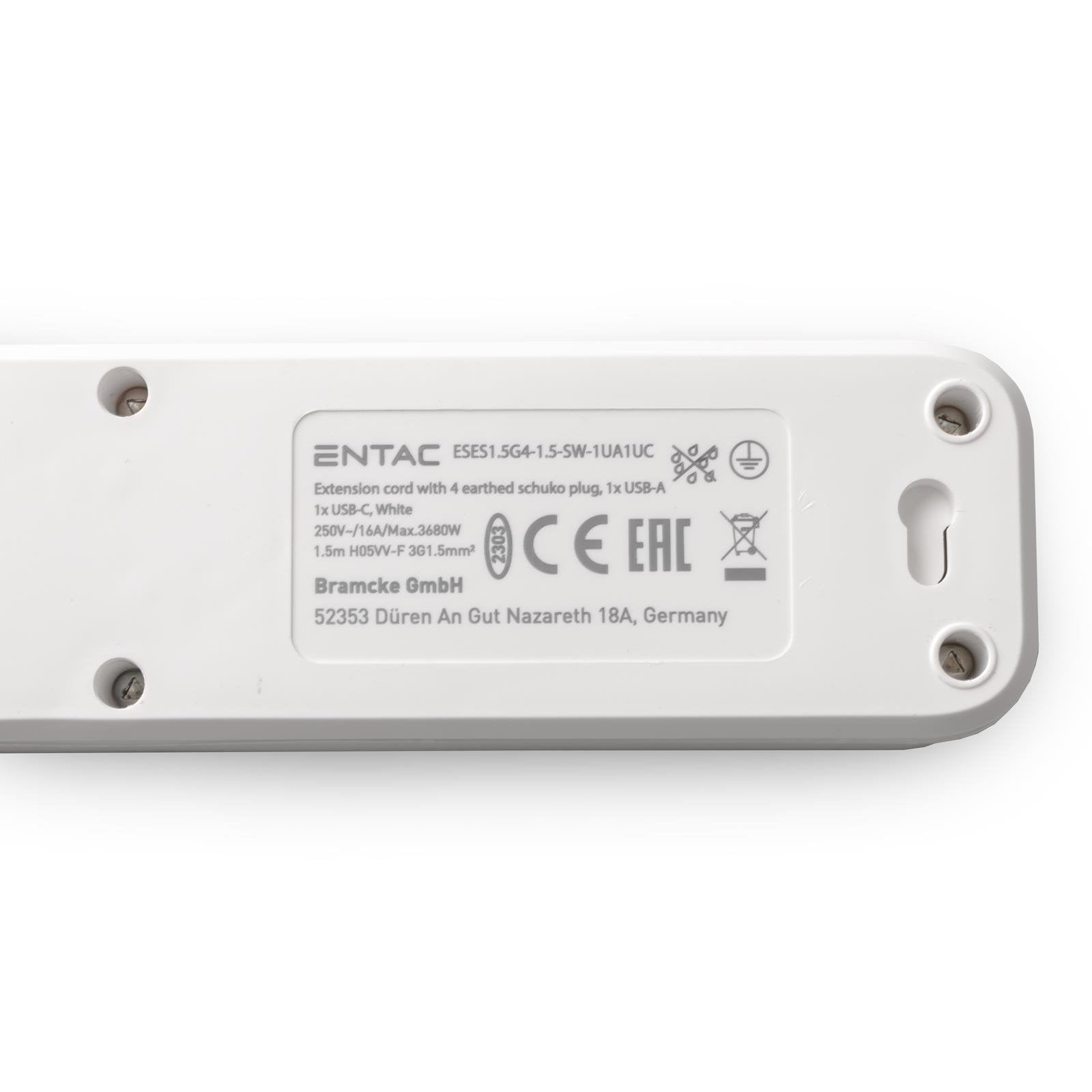 Entac Meckdosenleime 4fach 1x Usb-A & 1 Usb-C, 1,5m Blanco