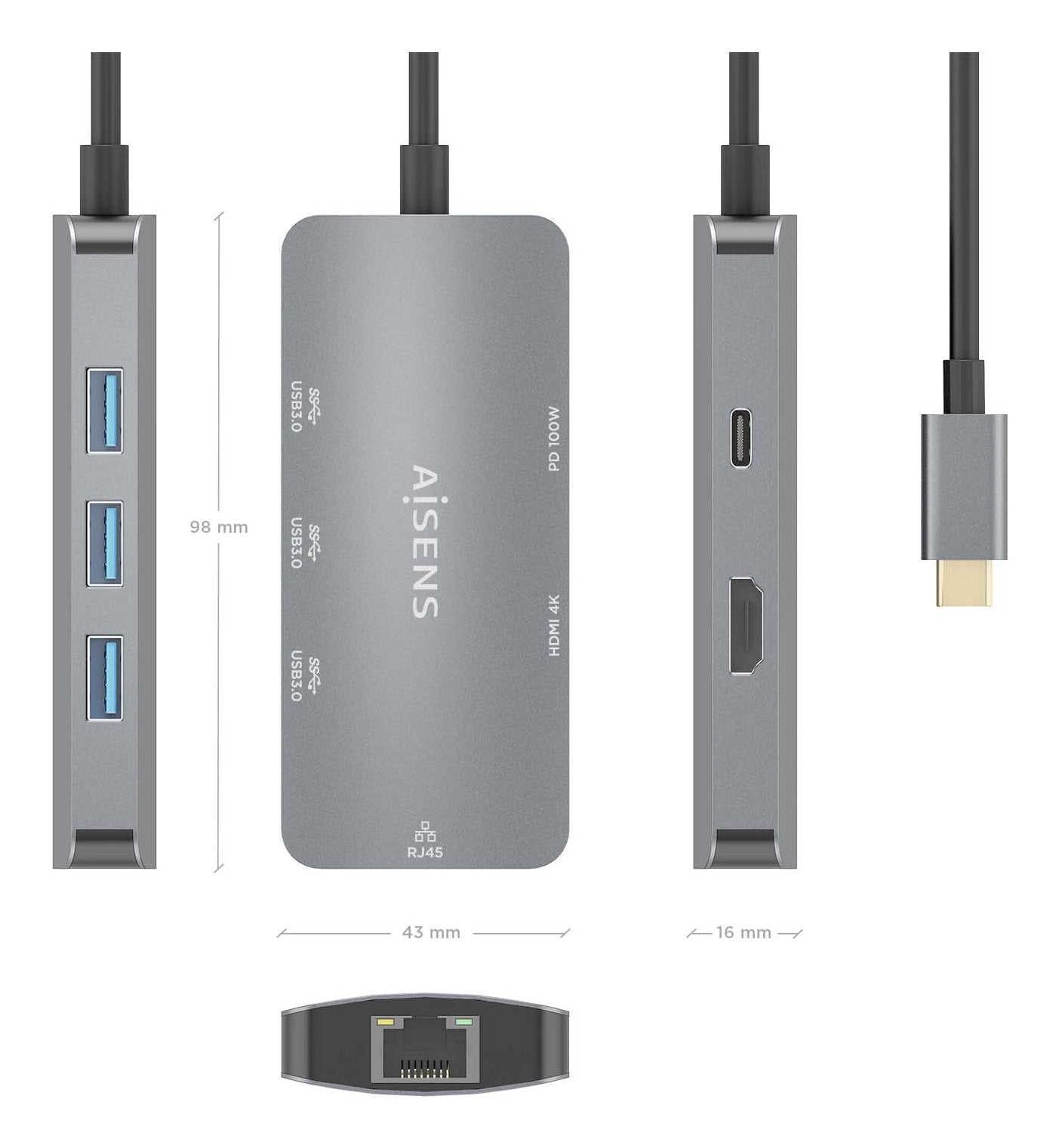 EAN 8435739901748 - AISENS ASUC-6P019-GR base para portátil y replicador de puertos Alámbrico USB 3.2 Gen 1 (3.1 Gen 1) Type- imagen 4