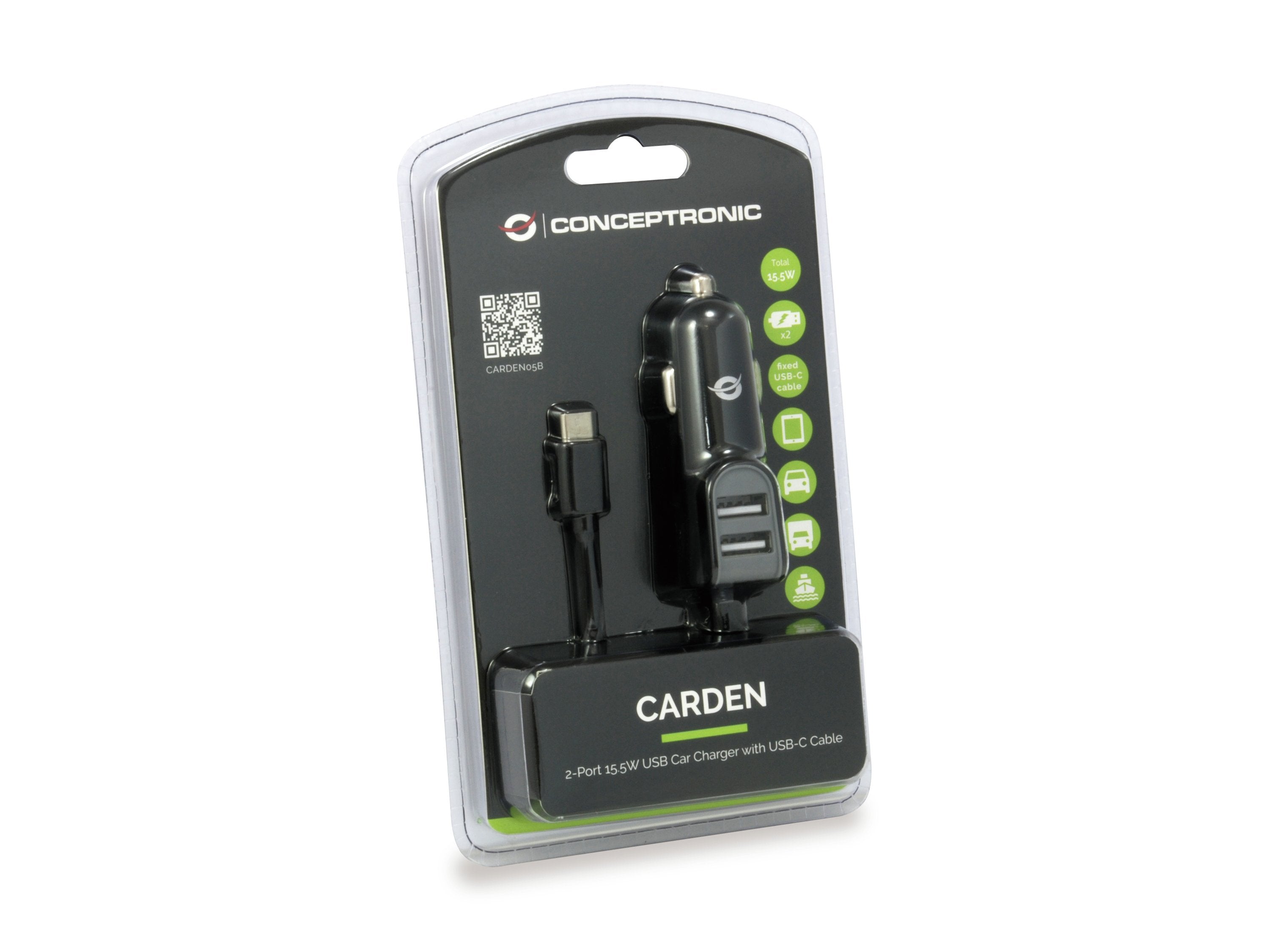 Cargador Coche Conceptronic Carden05b Con Cable Usb-C + 2 Puertos Tipo A 5v/3.1a 15.5w