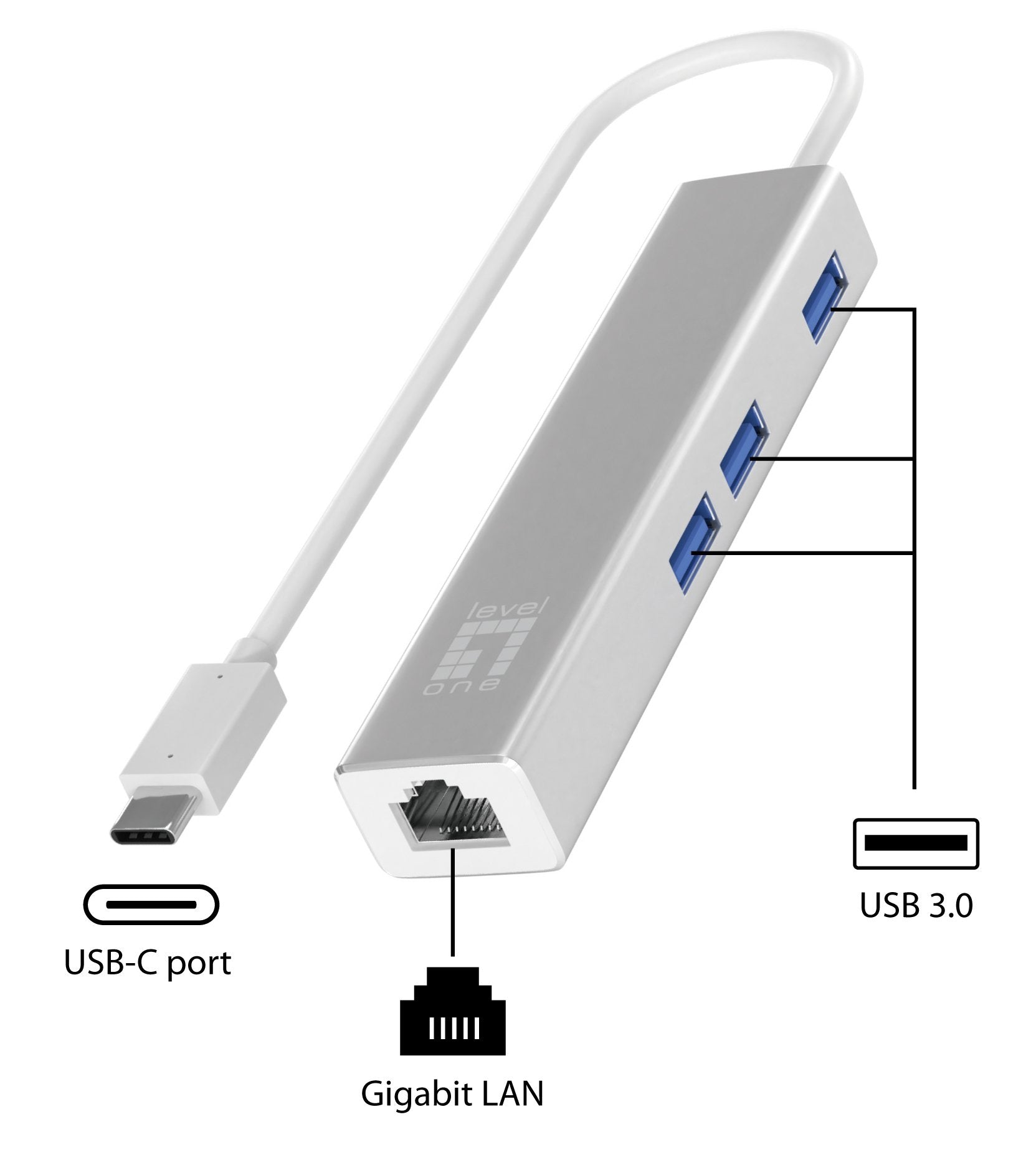 Adaptador Usb-C A Gigabit Ethernet Rj45 Level One Con Hub Usb 3.0 3 Puertos