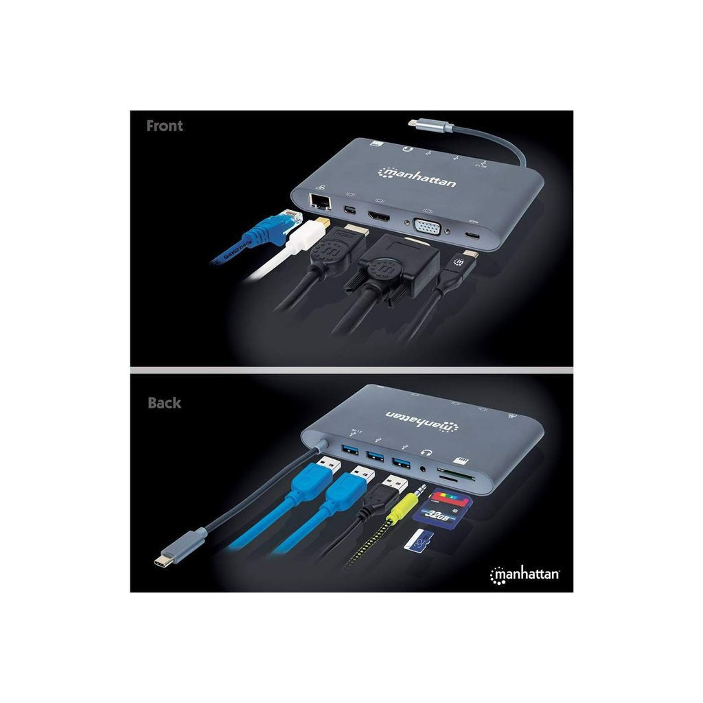 Manhattan Estación Docking Usb-C 7 En 1 Usb 3.1 Tipo-C Macho A Hdmi, Mini Dp O Vga, 3 Usb 3.0 Tipo-A,1 Usb-C Pd, Gigabit Rj45, Lector Tarjetas Sd Y Audio De 3.5 Mm, Aluminio, Gris
