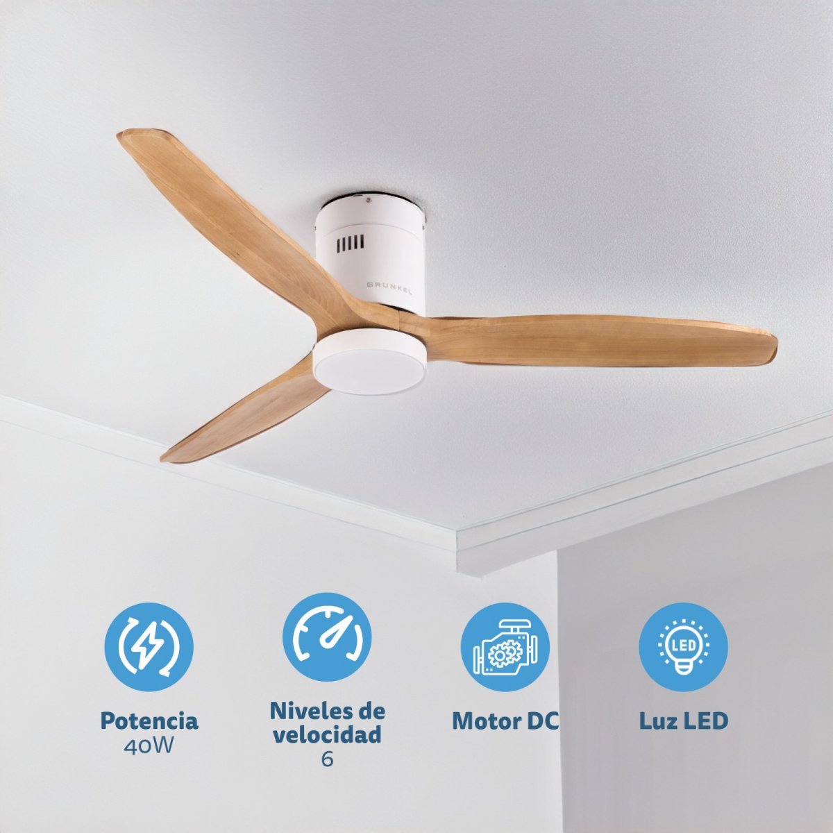 Grunkel Ventilador De Techo Con Luz 41w 6 Velocidades C/Temporizador Madera Clara
