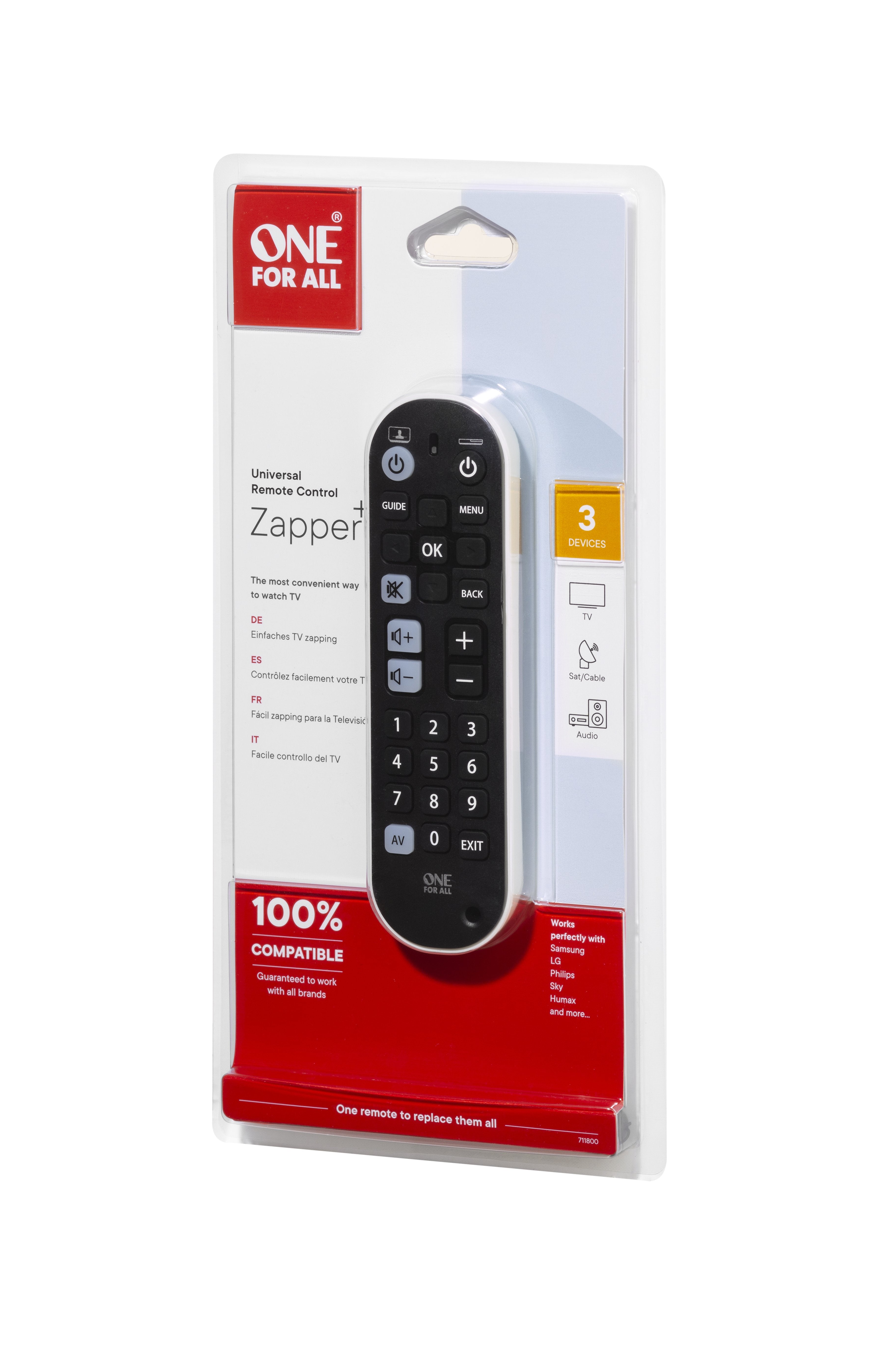 One For All Zapper + Mando A Distancia Ir Inalámbrico Audio, Cable, Dvd/Blu-Ray, Dvdr-Hdd, Dvr, Sistema De Cine En Casa, Sat, Tv, Receptor De Televisión, Web Tv Botones