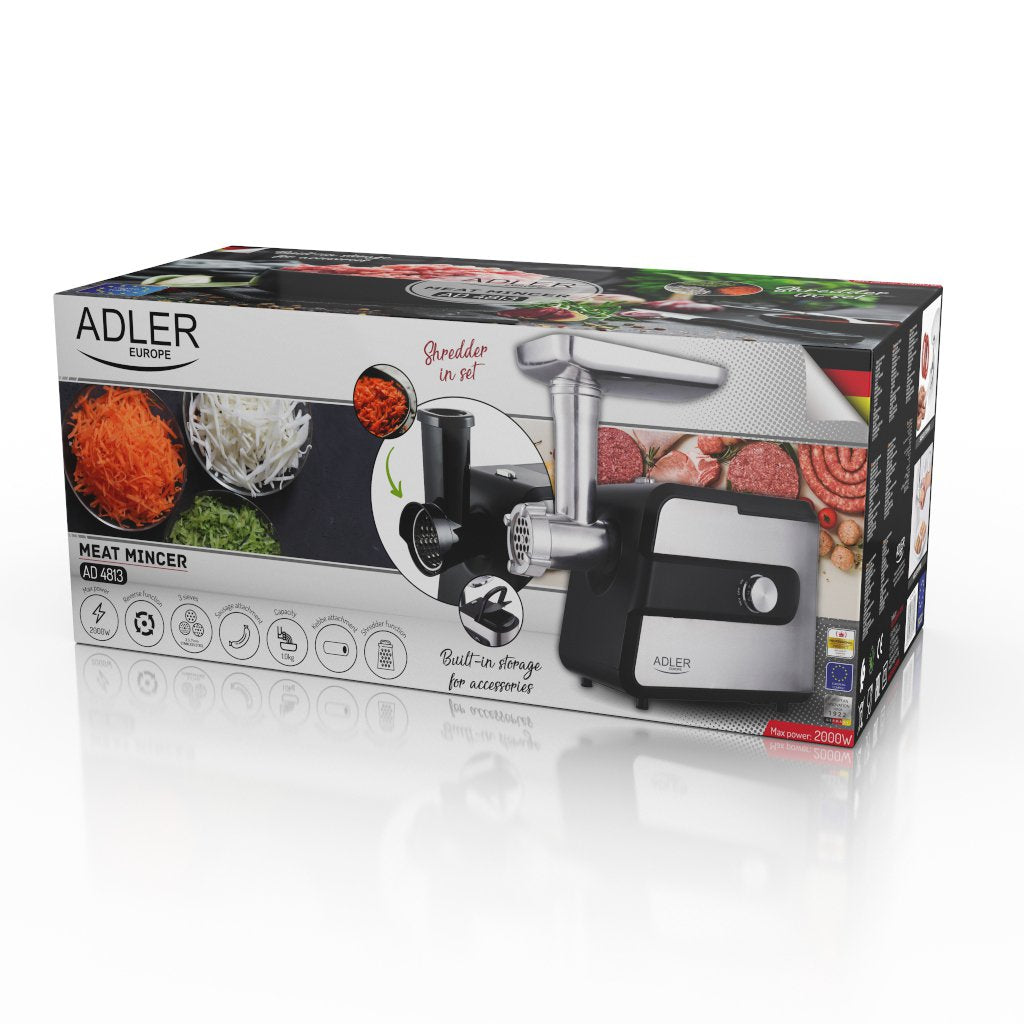 Picadora De Carne Adler Con Triturador Ad 4813 Plata/Negro, 600 W, Nãºmero De Velocidades 2, Rendimiento (Kg/Min) 1