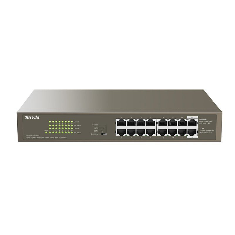 Switch Tenda Teg1116p-16-150w - 16 Puertos 10/100/1000 (Datos/Poe) - Alimentación Externa - Potencia Total Poe 135w - Enracable 1u