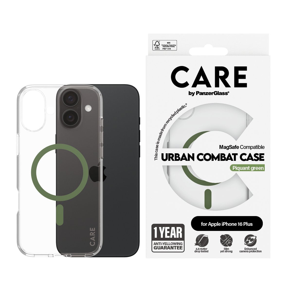 EAN 5715685004377 - PanzerGlass CARE™ by ® Urban Combat Case Transparent w. Green MagSafe iPhone 16 Plus funda para teléfono imagen 2