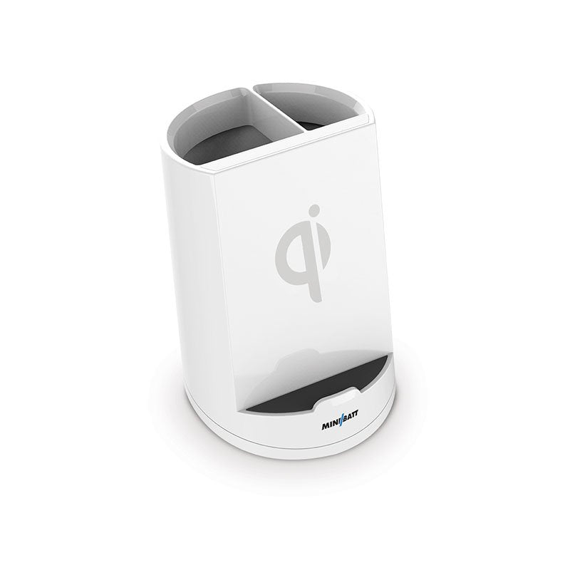 Mnibatt Cargador Inalámbrico Qi De Sobremesa Color Blanco - Diseño De Lapicero - Dos Bobinas De Inducción De 10w